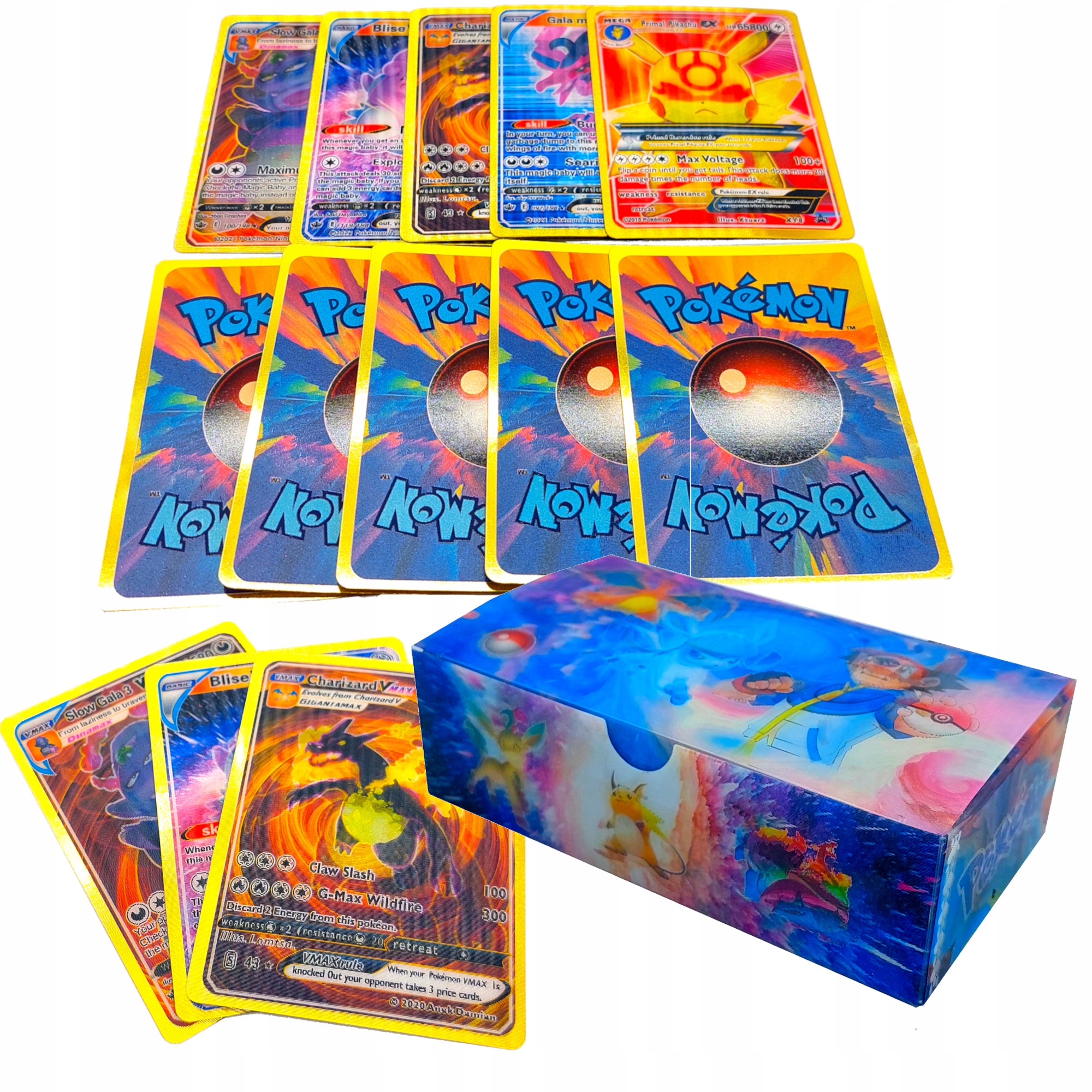 

Karty Pokemon złote 3D Trójwymiarowe 50 sztuk etui