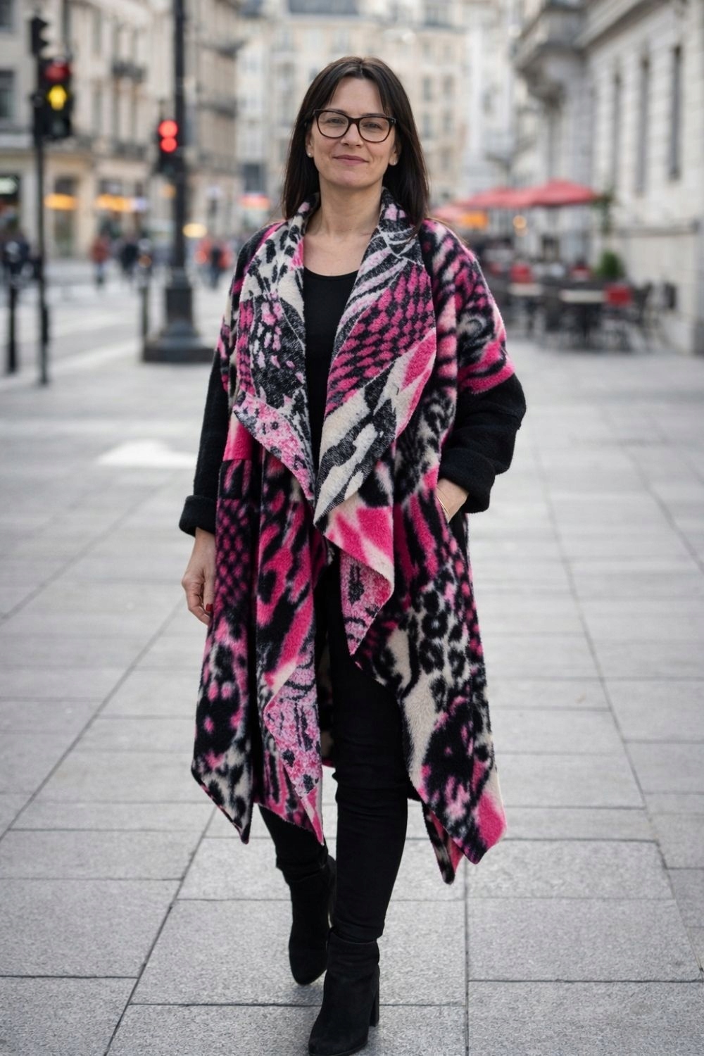 Dámský vlněný kabát 80% Wool italský oversize růžový vzor Uni
