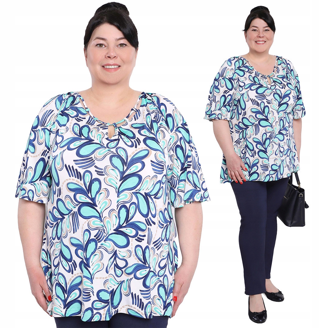 Bílá halenka s tyrkysovými vzory 50/52