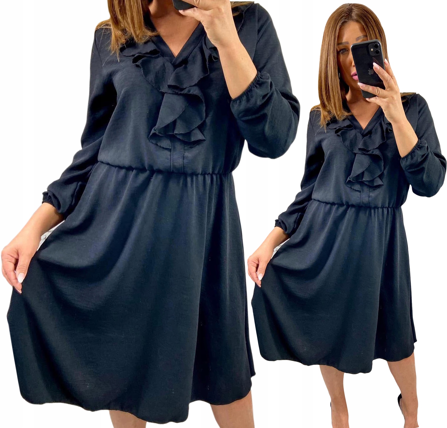 Šaty Elegantní MIDI s Žabákem Bez vzorů Černá Glamour velikost 46