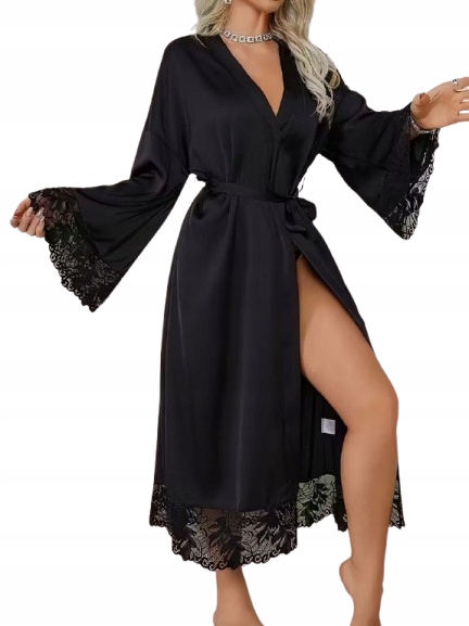 Dlouhý Župan Ze Saténu, Krajka Příjemná Na Dotek, Satén, Černý Župan