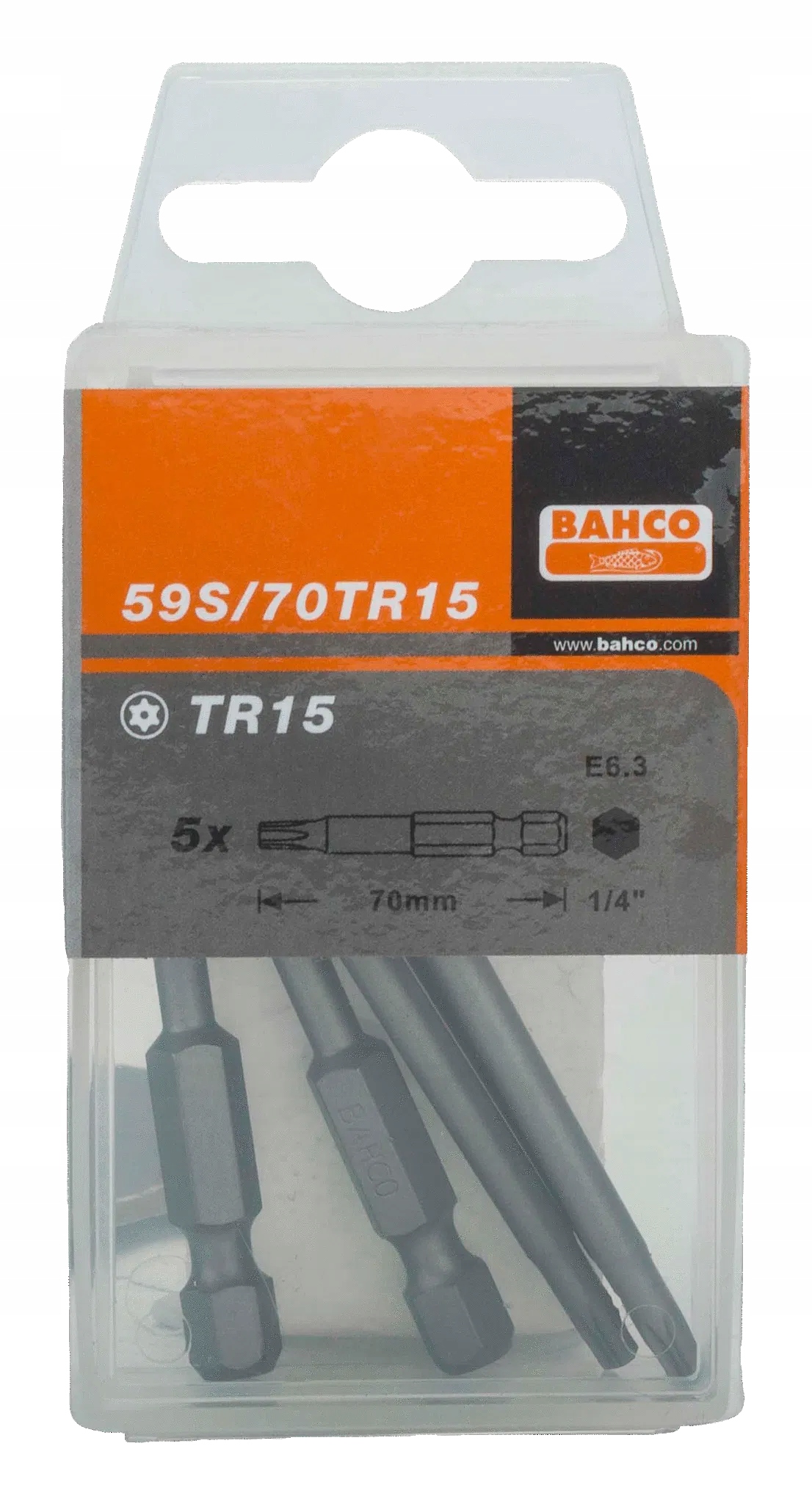 Bit 1/4" do śrub TORX, z otworem centrującym TR20x70 mm, 5 szt. BAHCO Liczba elementów pojedyncze