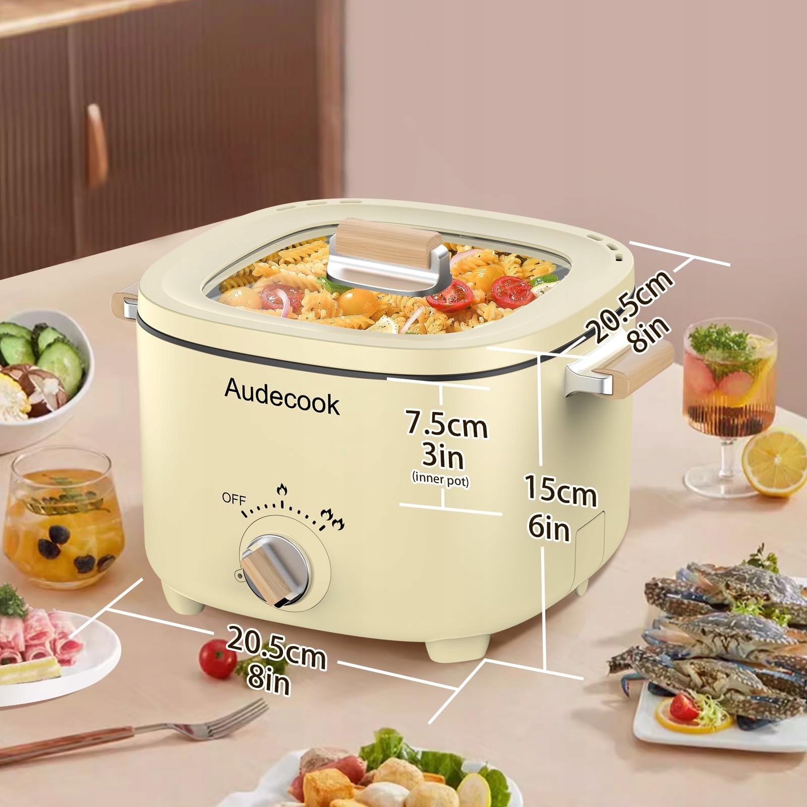 AUDECOOK Elektryczny Garnek 2,5L Przenośny Multicooker dla 1-3 Osób Beżowy — miniatura 3