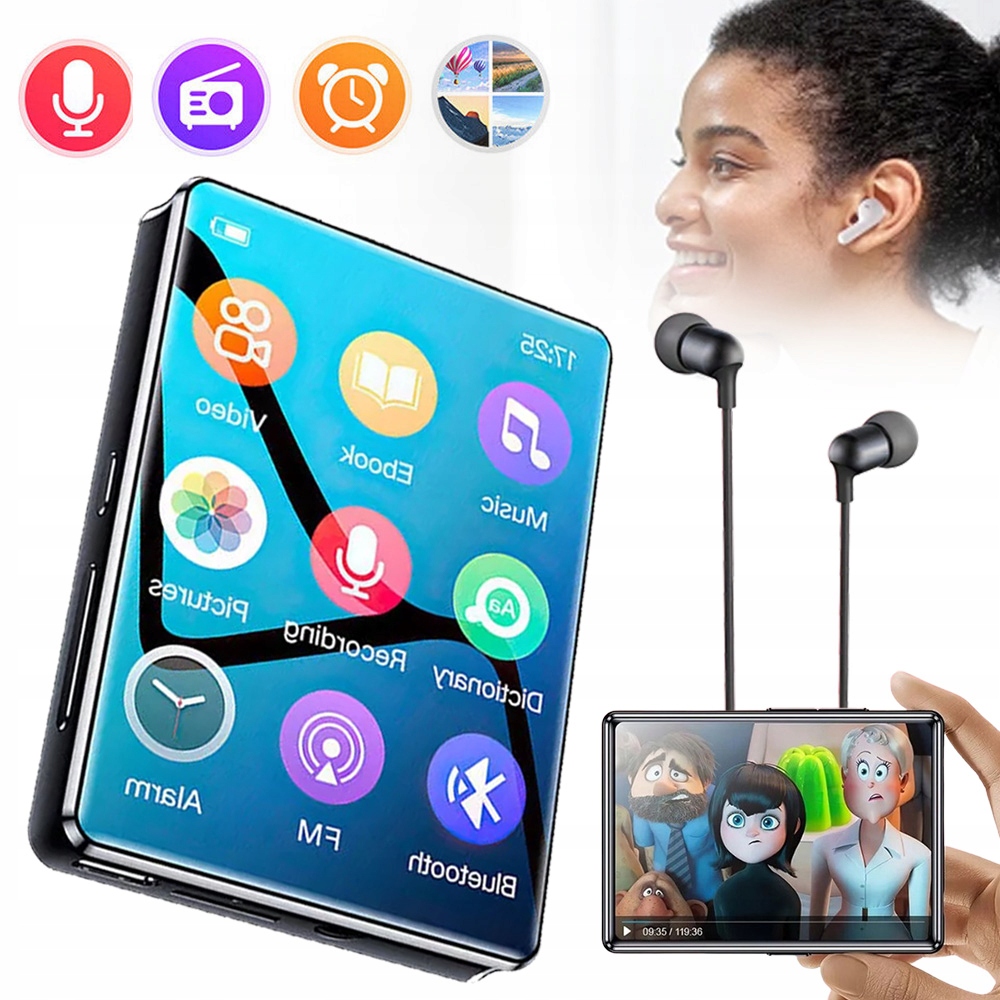 Bluetooth 5.0 Přehrávač MP3, Dotykový Displej 2,4", Přenosný Přehrávač MP4