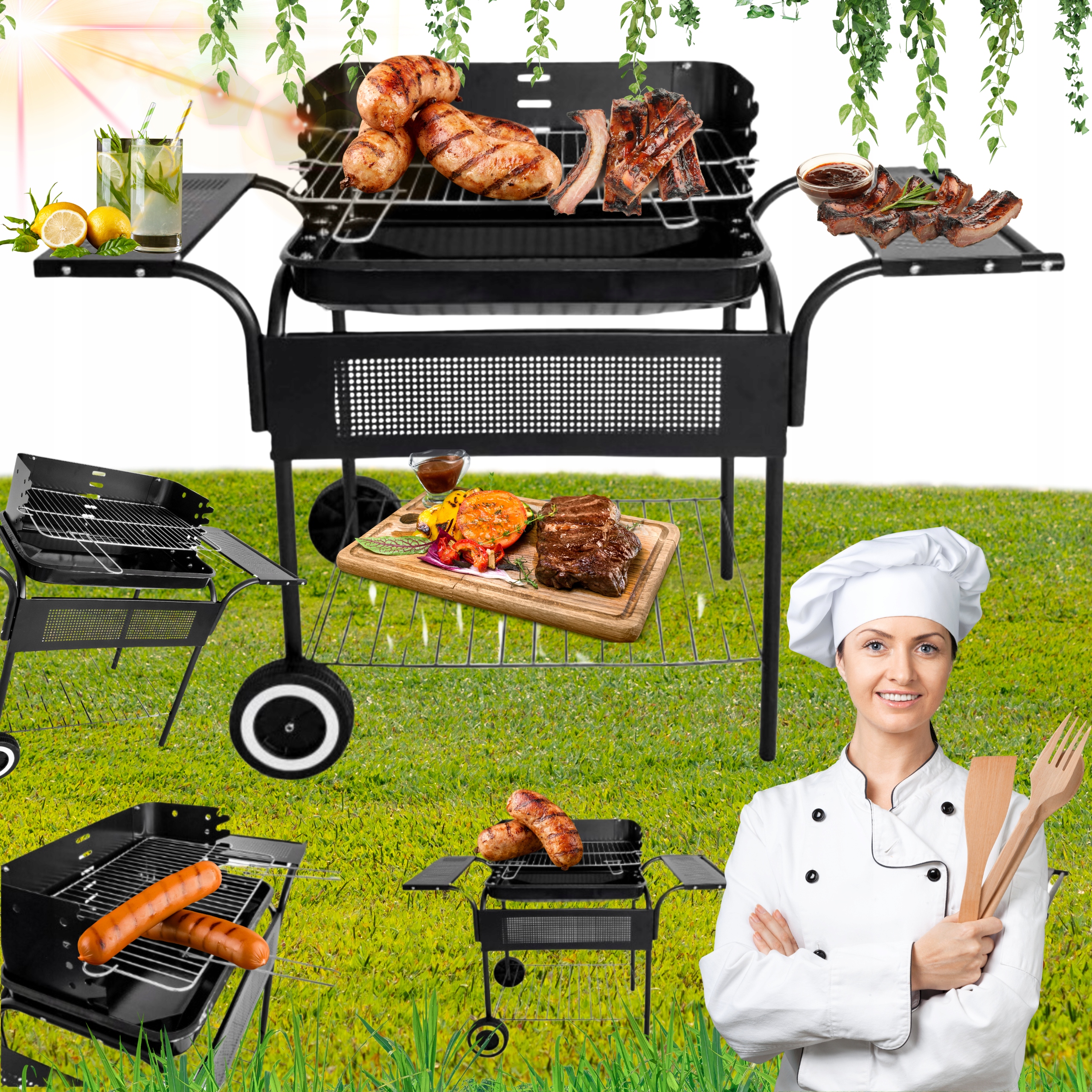 Prémiový Zahradní Gril Na Dřevěné Uhlí, Chromovaný Rošt, Kolečka, Police Bbq