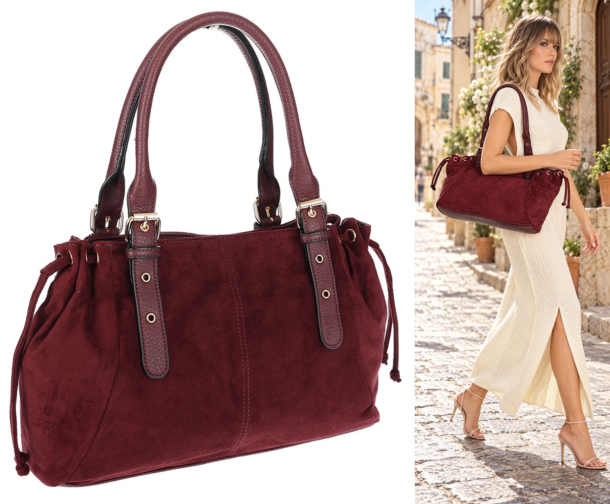 Dámská kabelka Semišová Shopper Kufřík Prostorná Elegantní AM47 Bordó