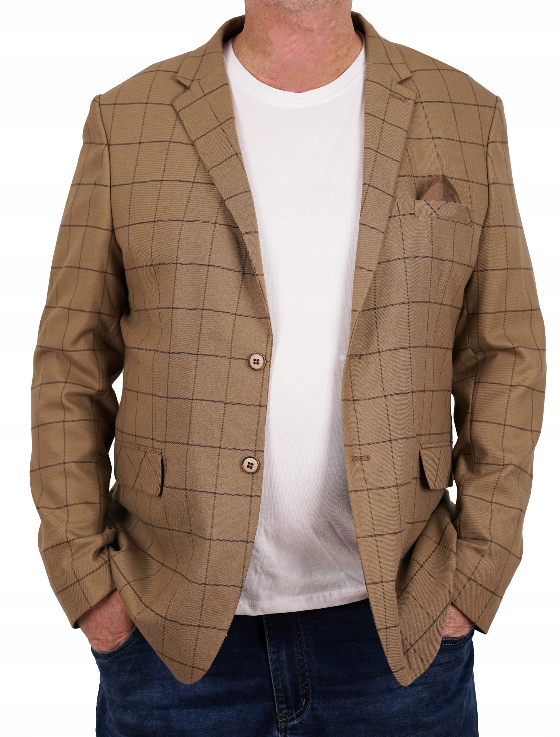 MARYNARKA MĘSKA WIZYTOWA W KRATĘ ELEGANCKA CASUAL CAMEL TURECKA DUŻA 62 Marka inna