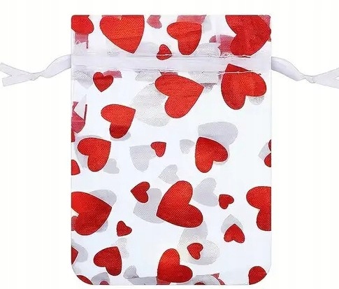 5 X BIAŁY OZDOBNY WORECZEK PREZENTOWY Z ORGANZY - SERDUSZKA 8x10cm