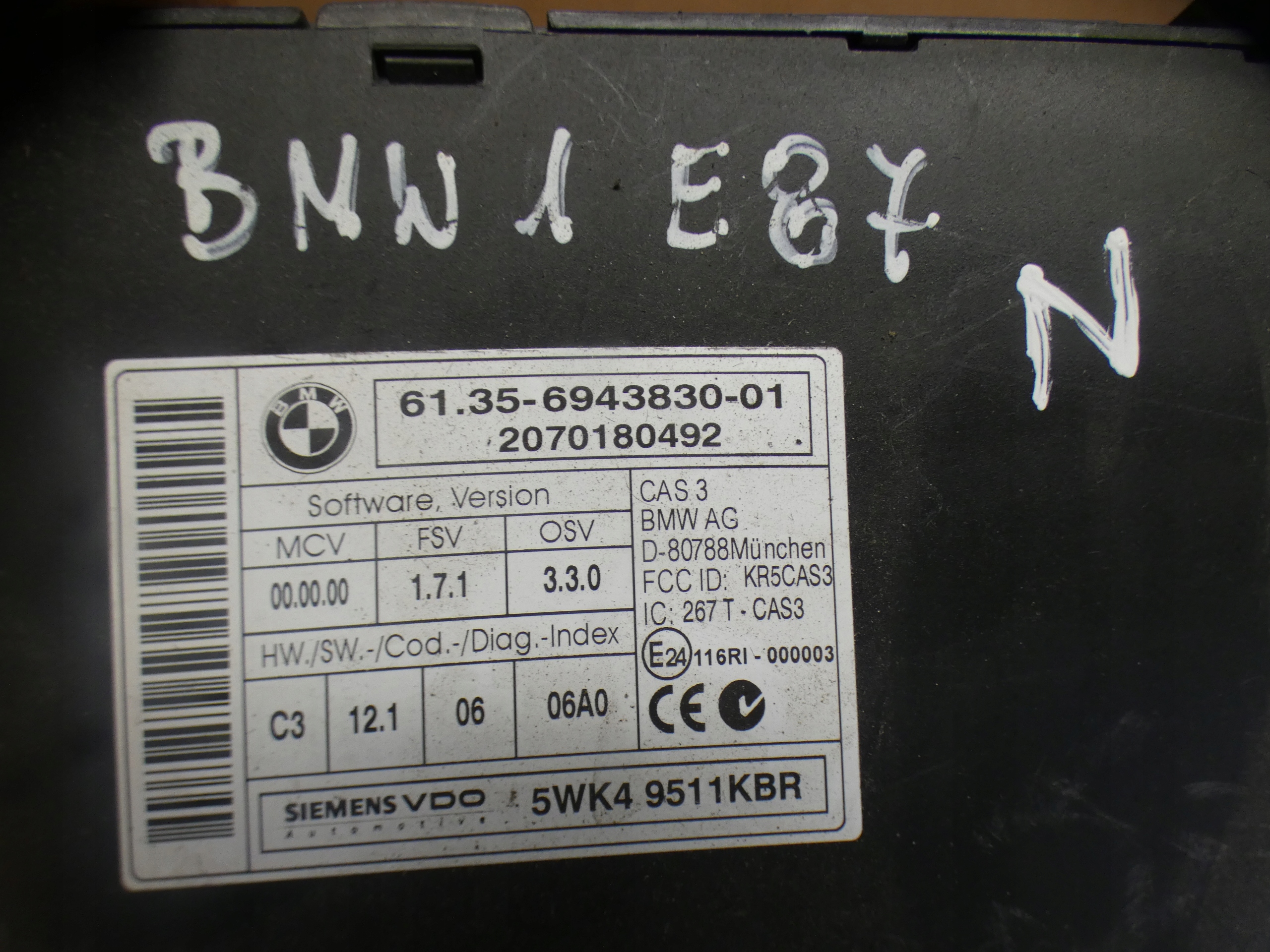 BMW E87 E81 E90 E91 modul KOMFORT CAS 6943830-01