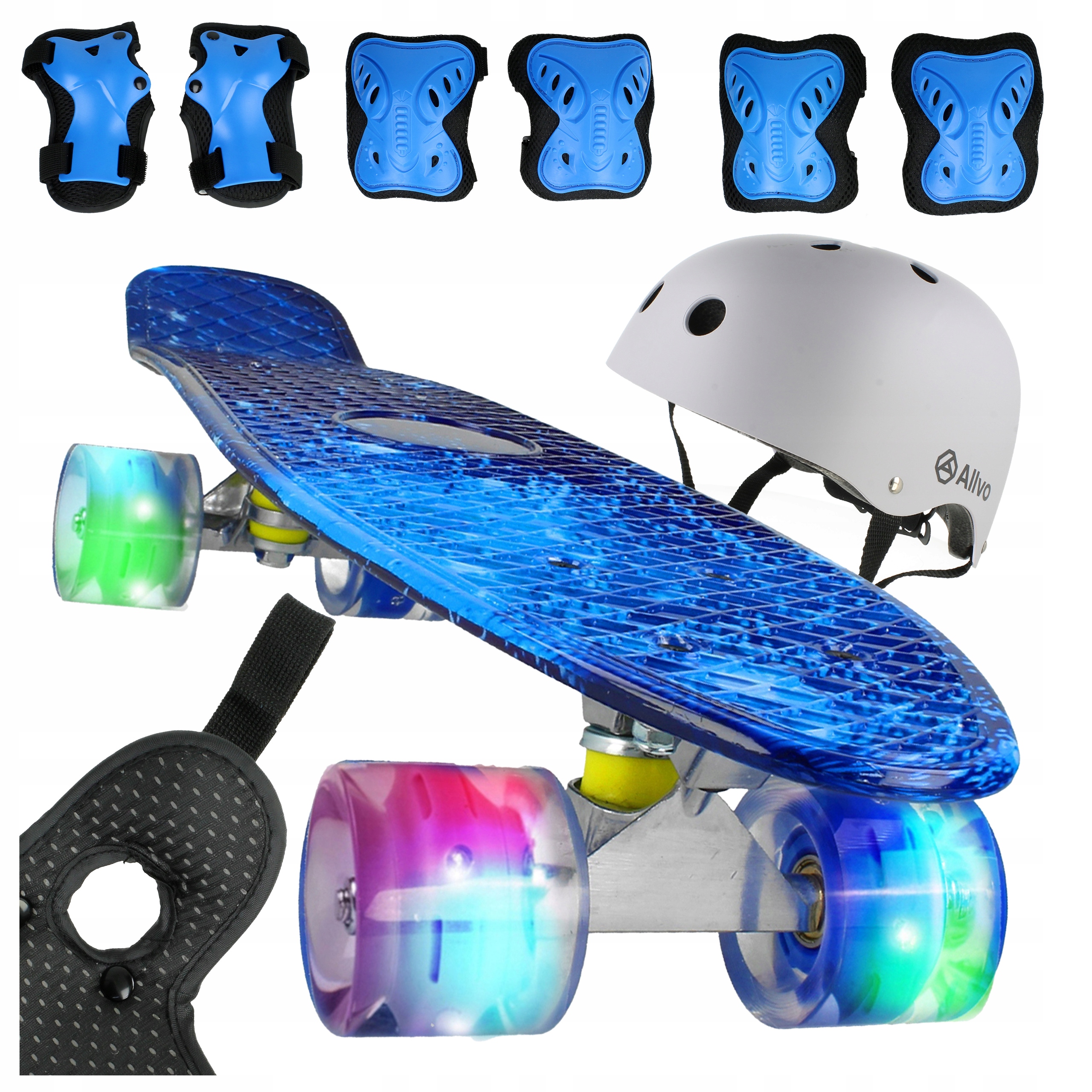 Deskorolka Fiszka Dziecięca 56CM Koła Led Rgb Kask 54-58 Ochraniacze