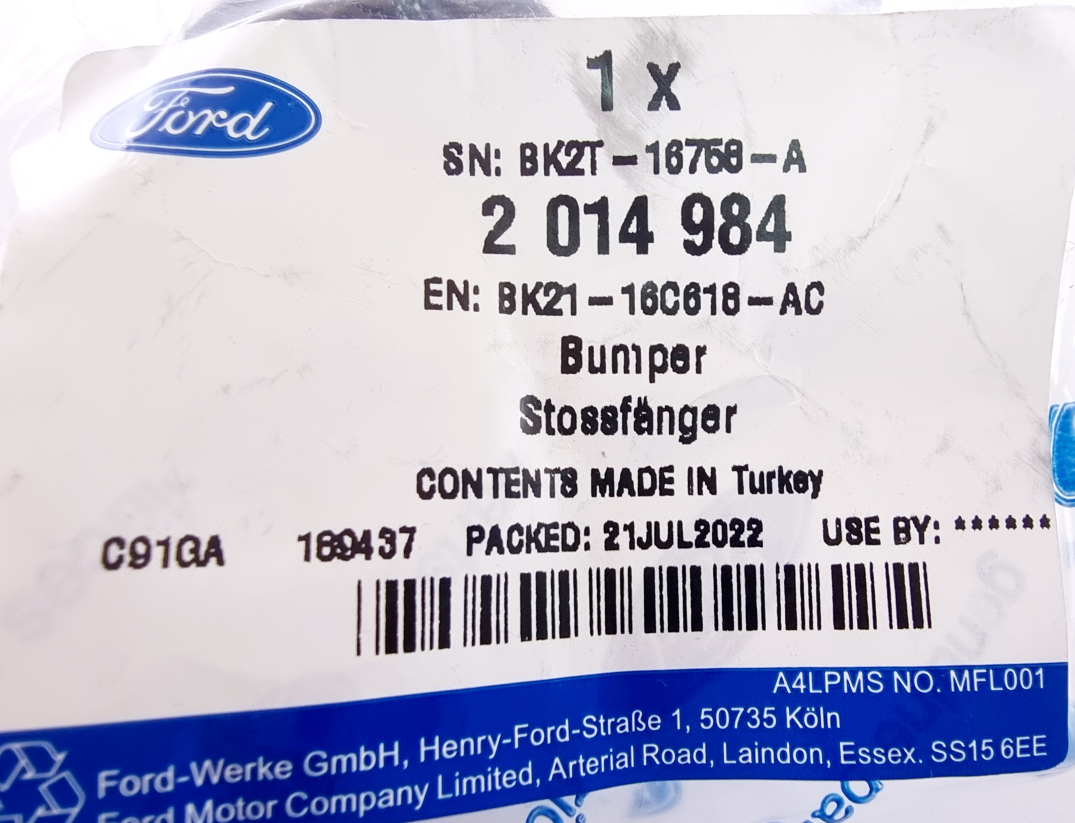 ODBÓJ MASKI CUSTOM 2012- 2018- FORD OE 2014984 _ BK21-16C618-AC Numer katalogowy części 1797955