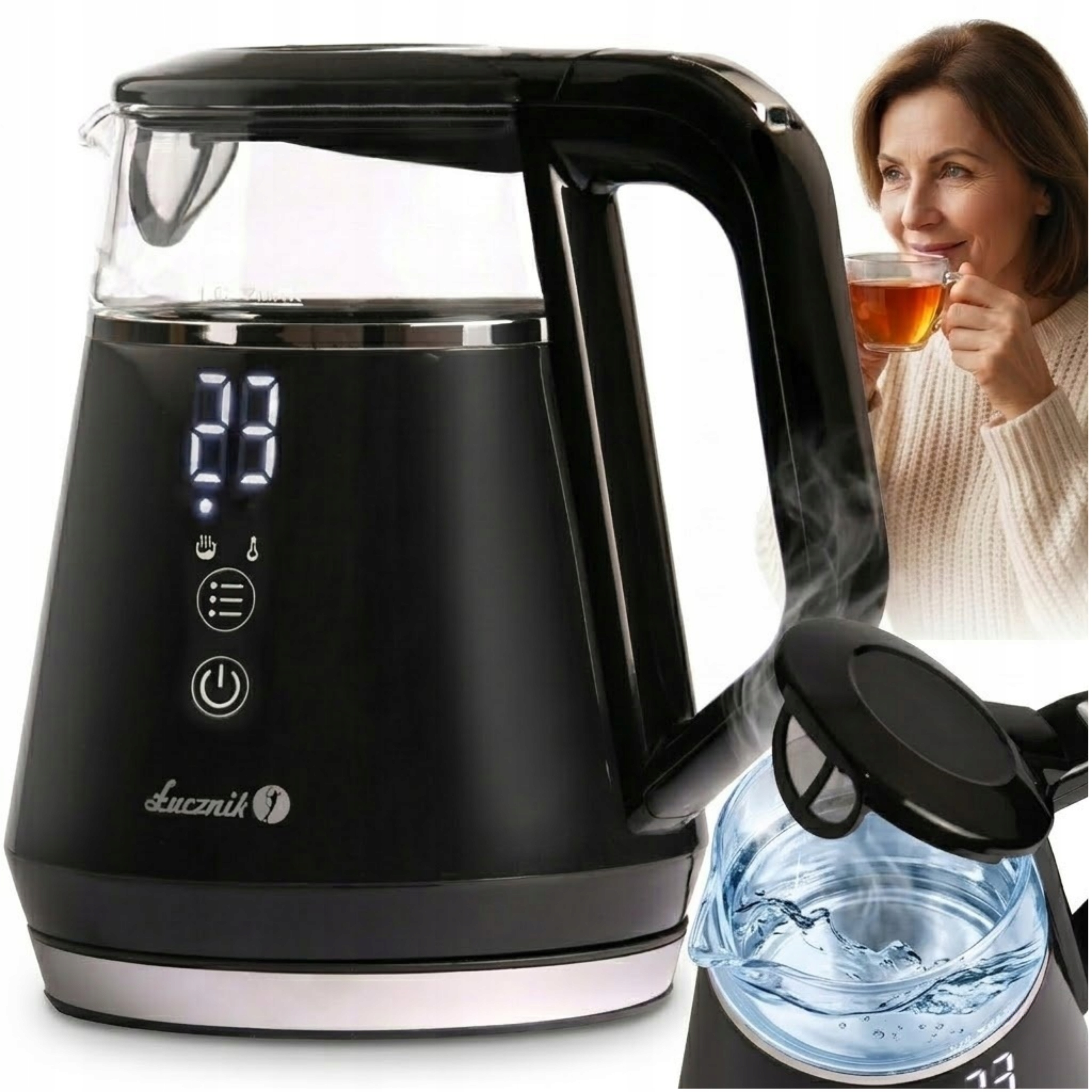Czajnik Elektryczny Szklany z Regulacją Temperatury Łucznik 1L Mały Czarny