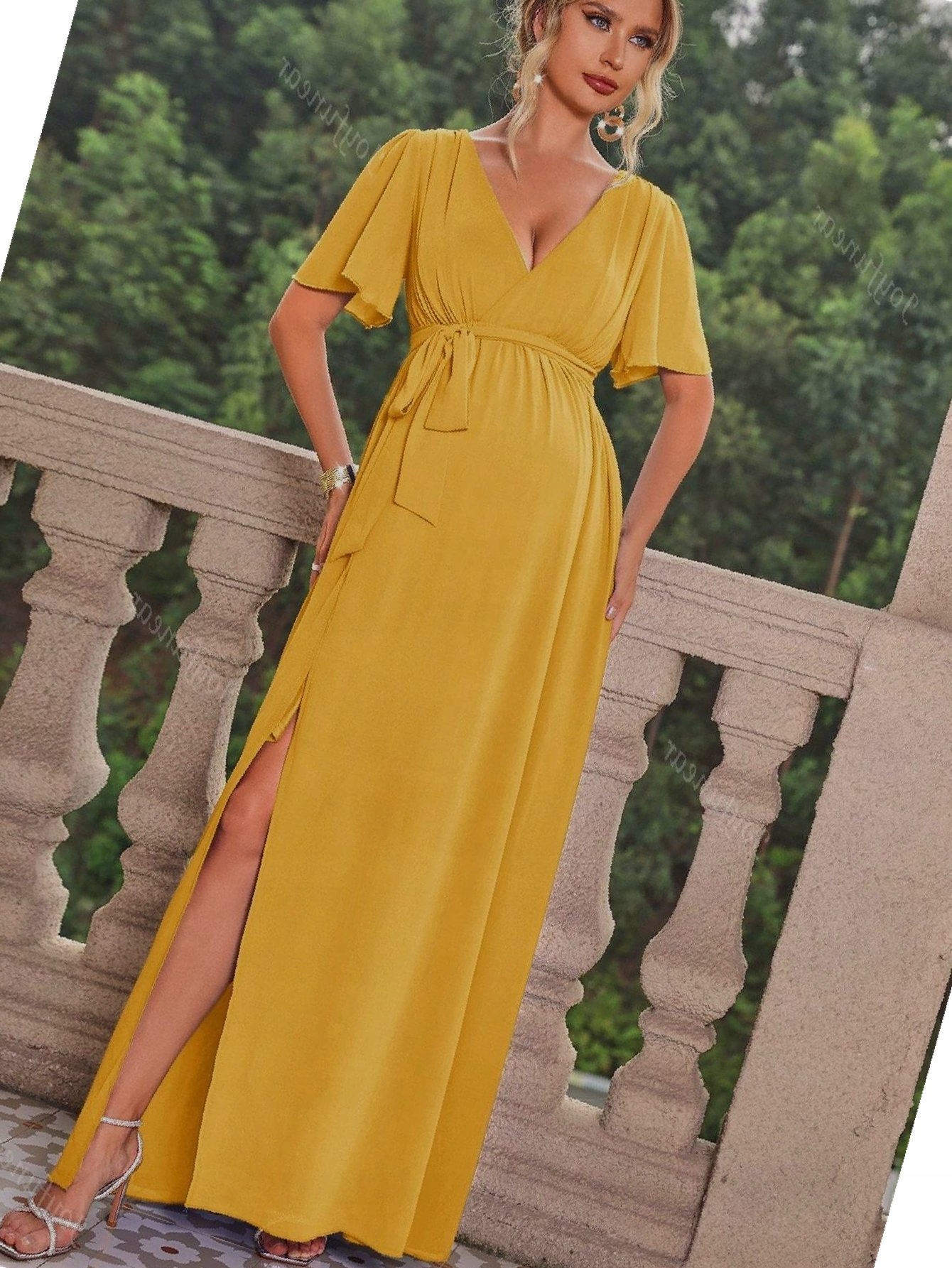 Šaty Žluté Koktejlové Maxi Těhotenské Šifonové M 38