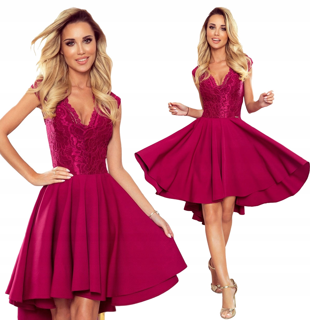 Krásné Šaty S Krajkovým Výstřihem A Delší Zadní Částí Bordó 3XL