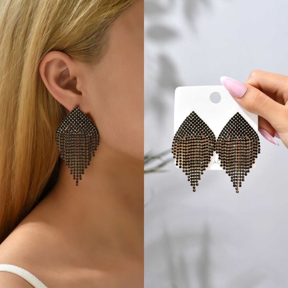 Kolczyki Sztyfty Kolor Złote Czarne Cyrkonie Kryształki Frędzle Ślub 66mm Marka bez marki