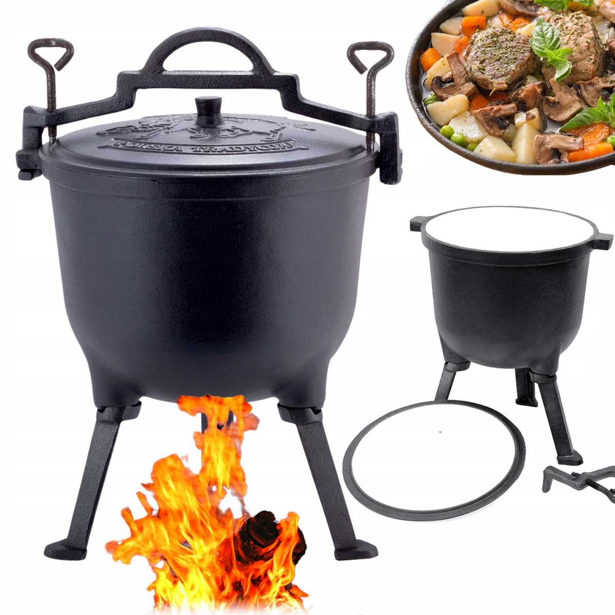 Kociołek Myśliwski Żeliwny Emaliowany Garnek Stojący Na Ognisko 10L Kamille