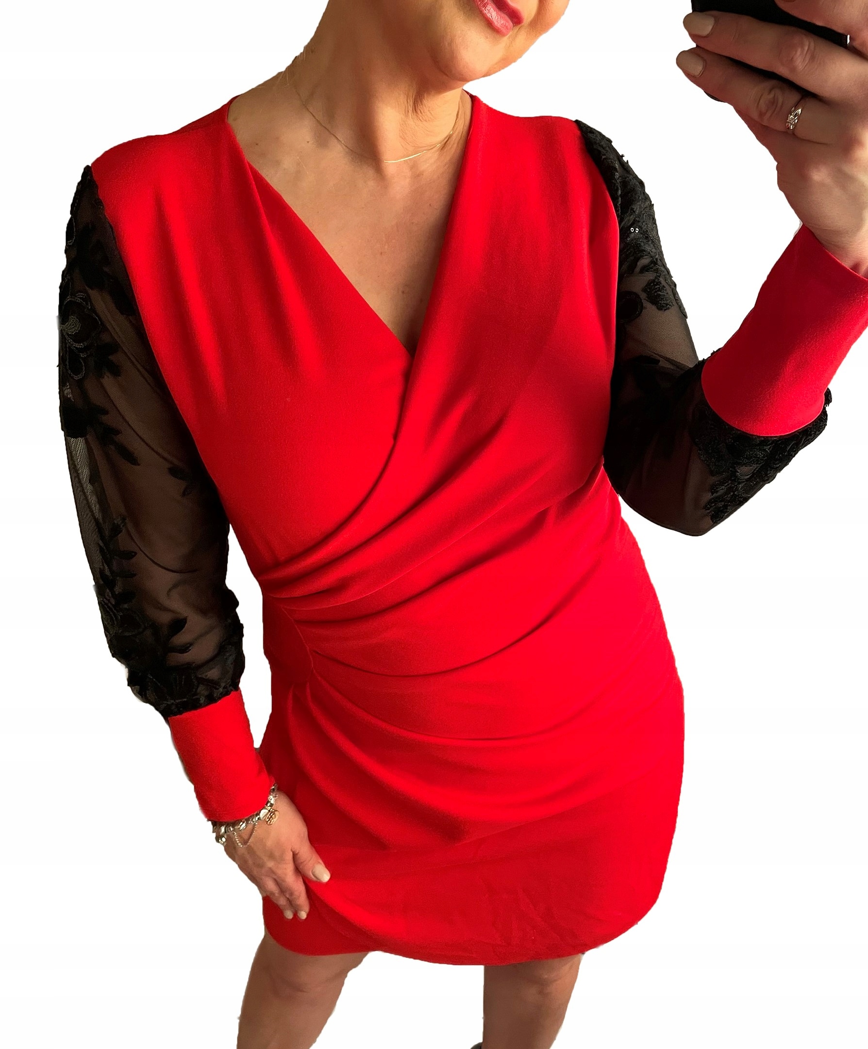 V400 Šaty Obálkové S Tylovým Rukávem Červené vel. 42 (XL)