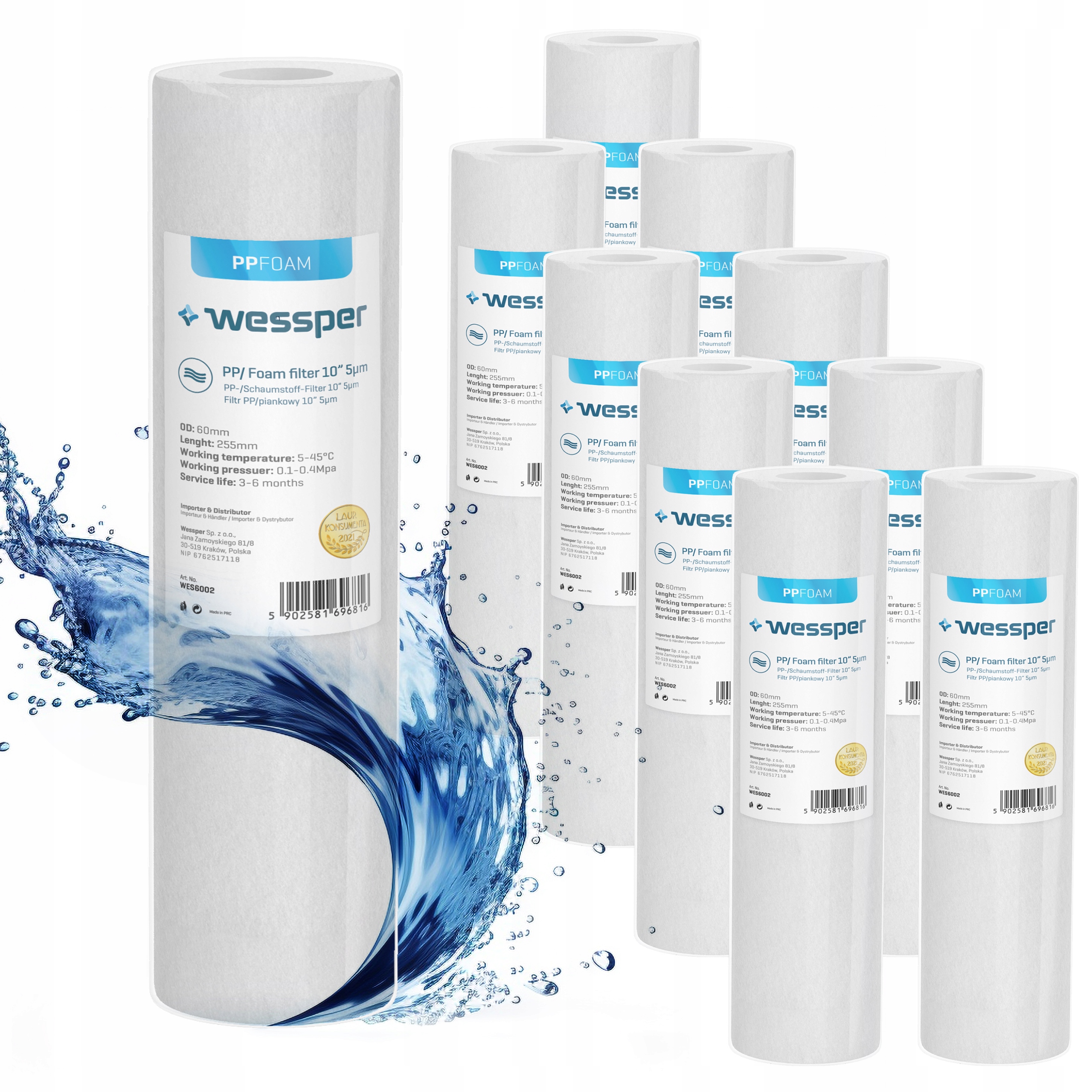 Filtr piankowy wstępny 10" wkład filtrujący 5 mikronów PP5 Wessper 10 szt