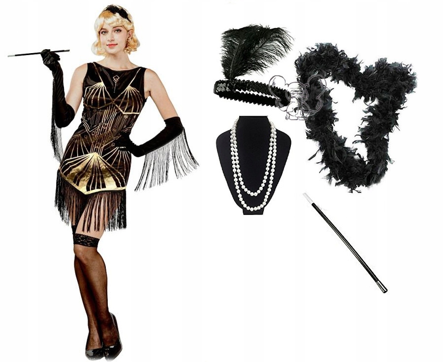 retro šaty 20. léta 2x Čelenka charlestone Perly Cigaretky Boa Rukavice