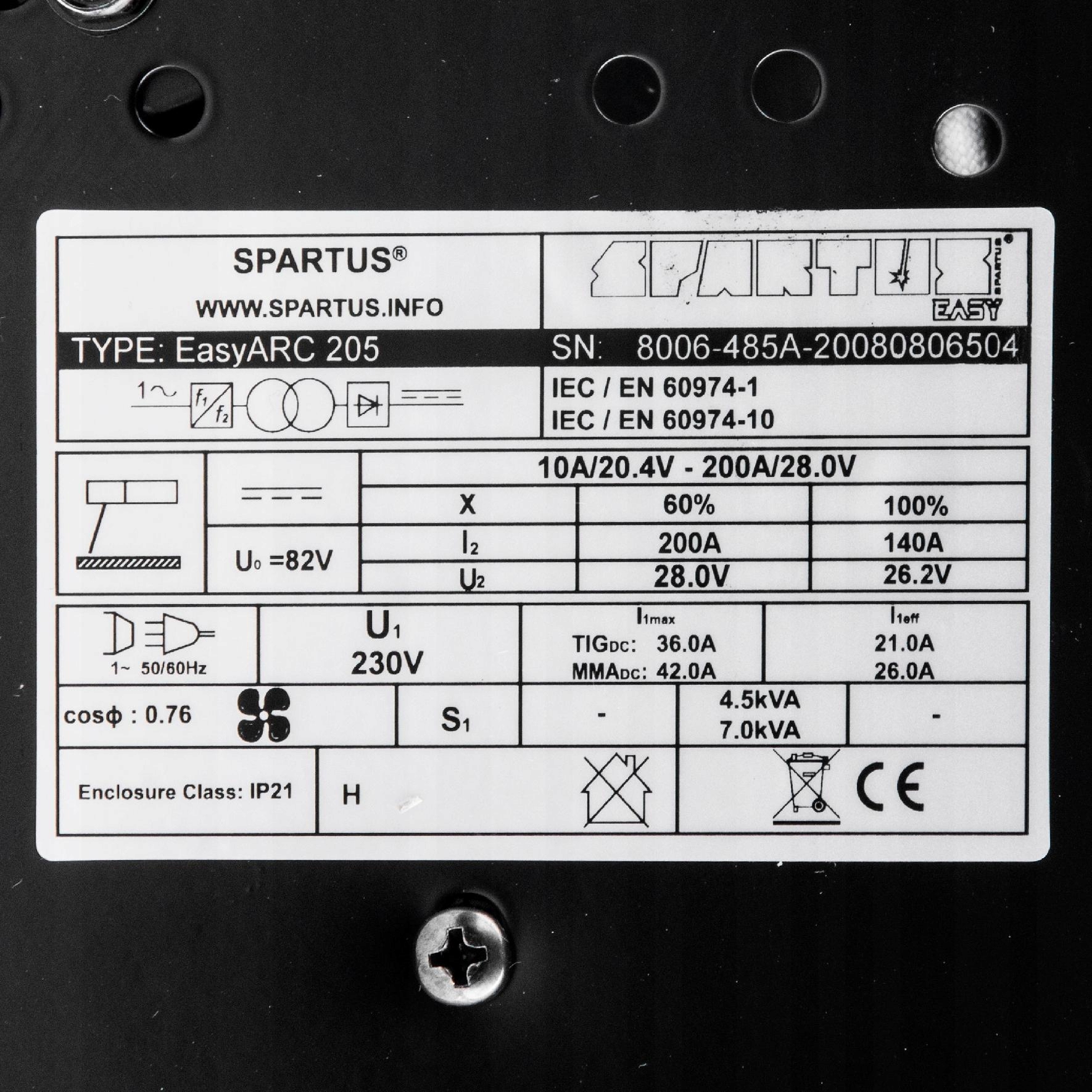 SPAWARKA INWERTEROWA SPARTUS EASY ARC 205 MMA TIG DC LIFT 230V 200A IGBT Rodzaj spawarka inwertorowa