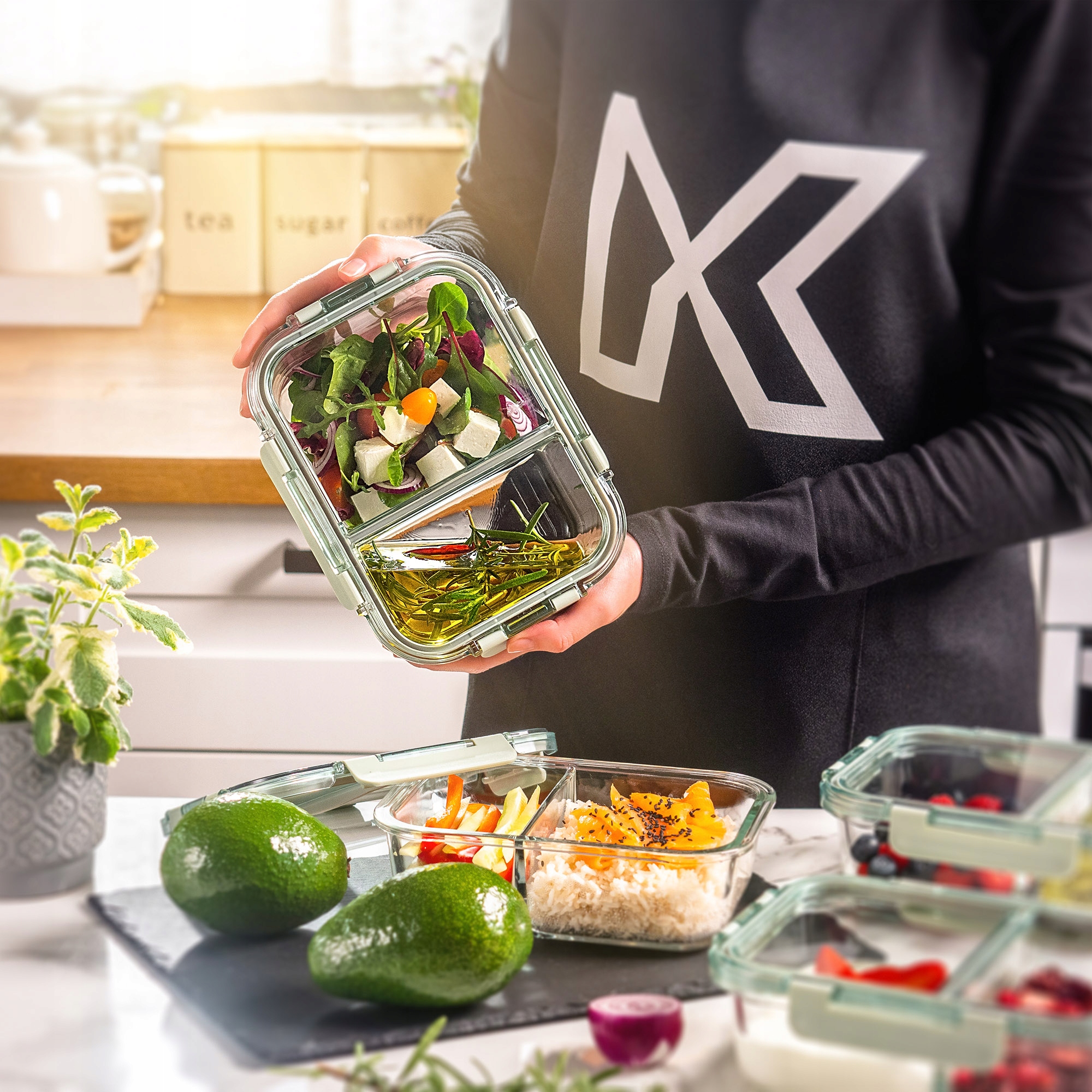 POJEMNIKI NA ŻYWNOŚĆ SZKLANY ZESTAW POJEMNIKÓW 4x 1L Z PRZEGRODAMI LUNCHBOX Linia pojemniki z przegrodkami dwukomorowe