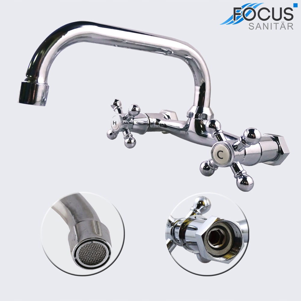 BATERIA UMYWALKOWA ŚCIENNA KRAN RETRO CHROM KLASYCZNA ŁAZIENKOWA OBROTOWA Marka Focus Sanitar