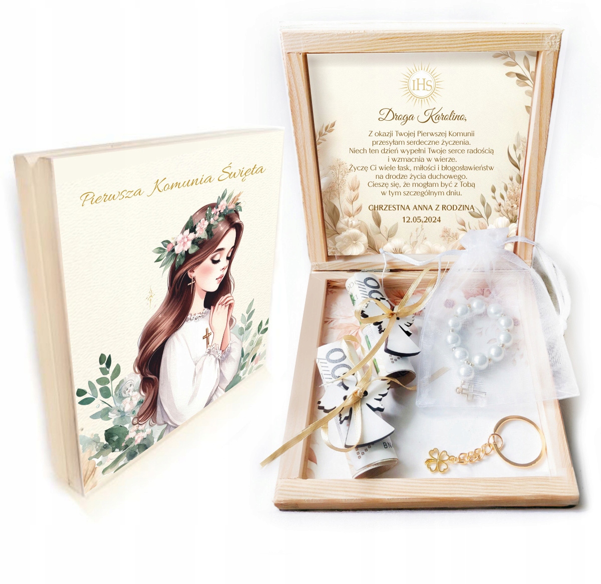 Pamiątka Komunii Świętej dla chłopca prezent od Chrzestnej Chrzestnego Szerokość produktu 14.5 cm