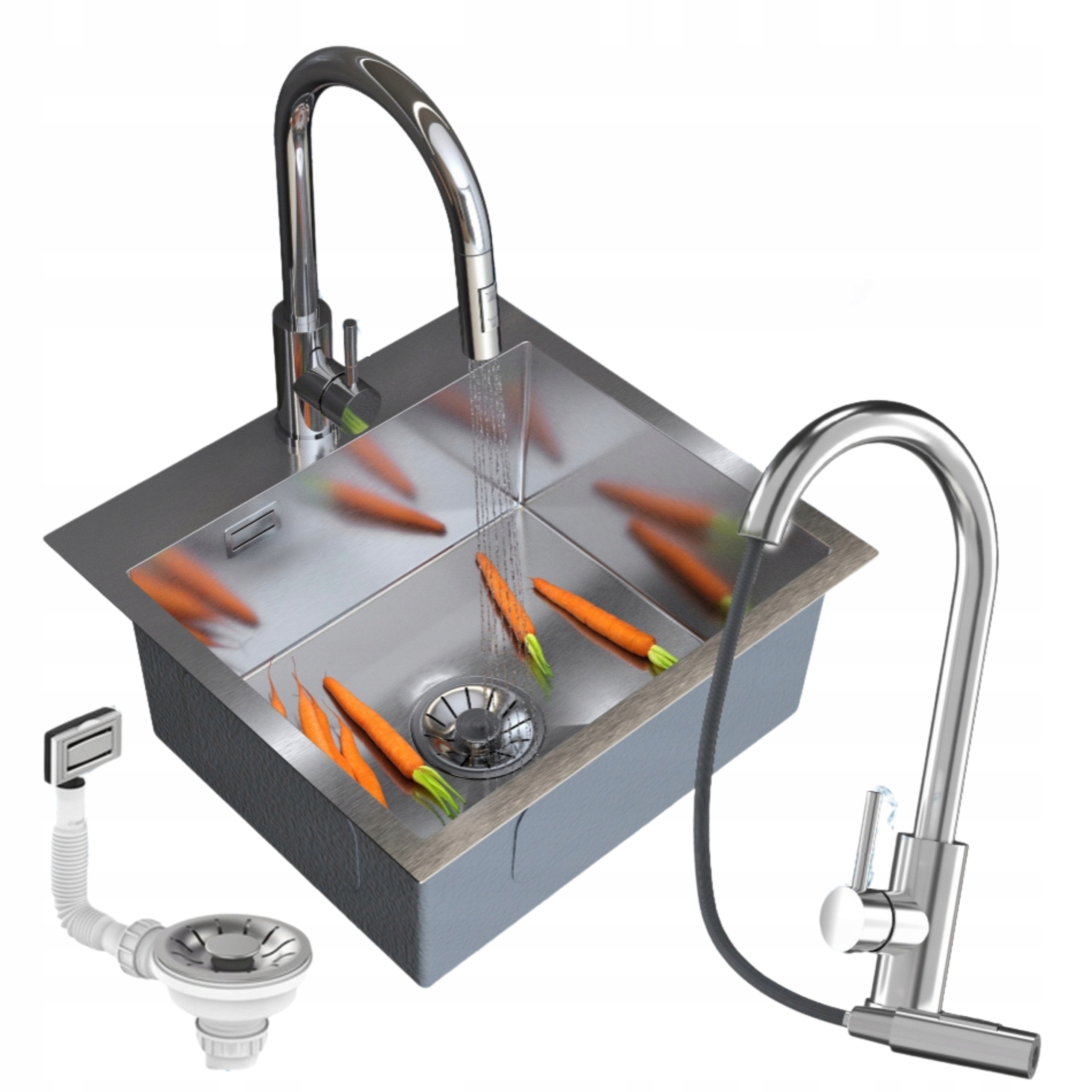 Ocelový dřez SILVO48 jednokomorový chrom Set Baterie Sifon Lux