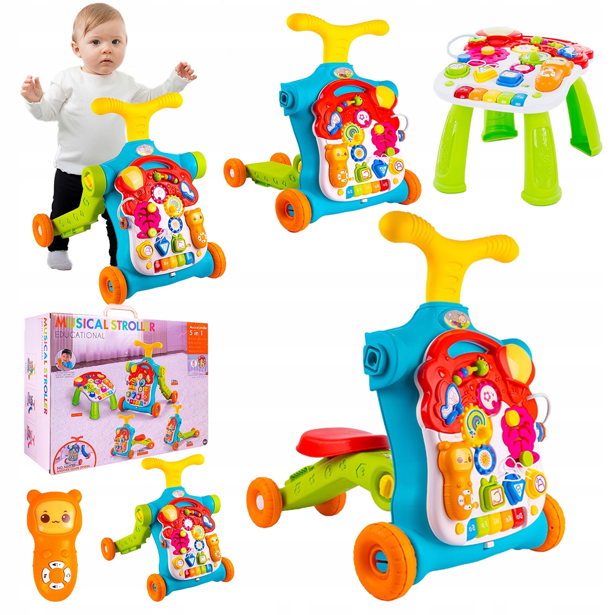 INTERAKTYWNY CHODZIK PCHACZ JEŹDZIK HULAJNOGA DZIECKA STOLIK EDUKACYJNY 5w1