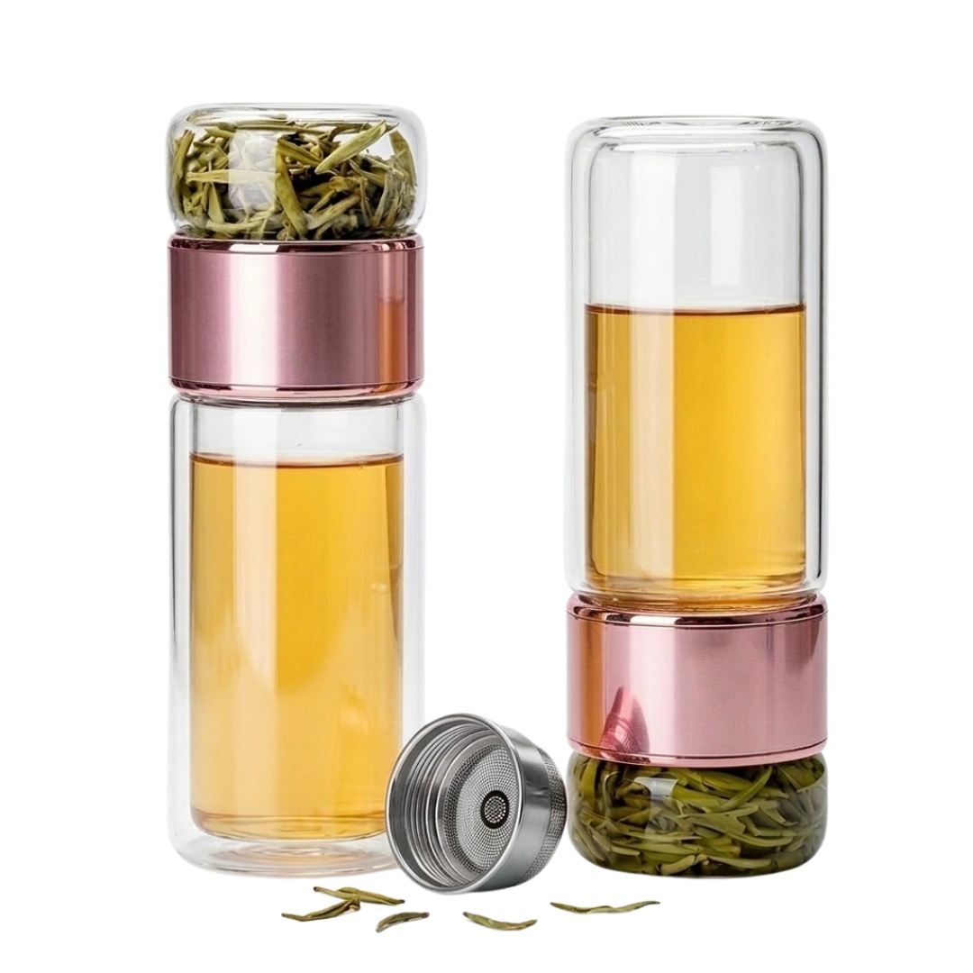 Szklana Butelka do Herbaty 420 ml z Zaparzaczem Różowa Termiczna