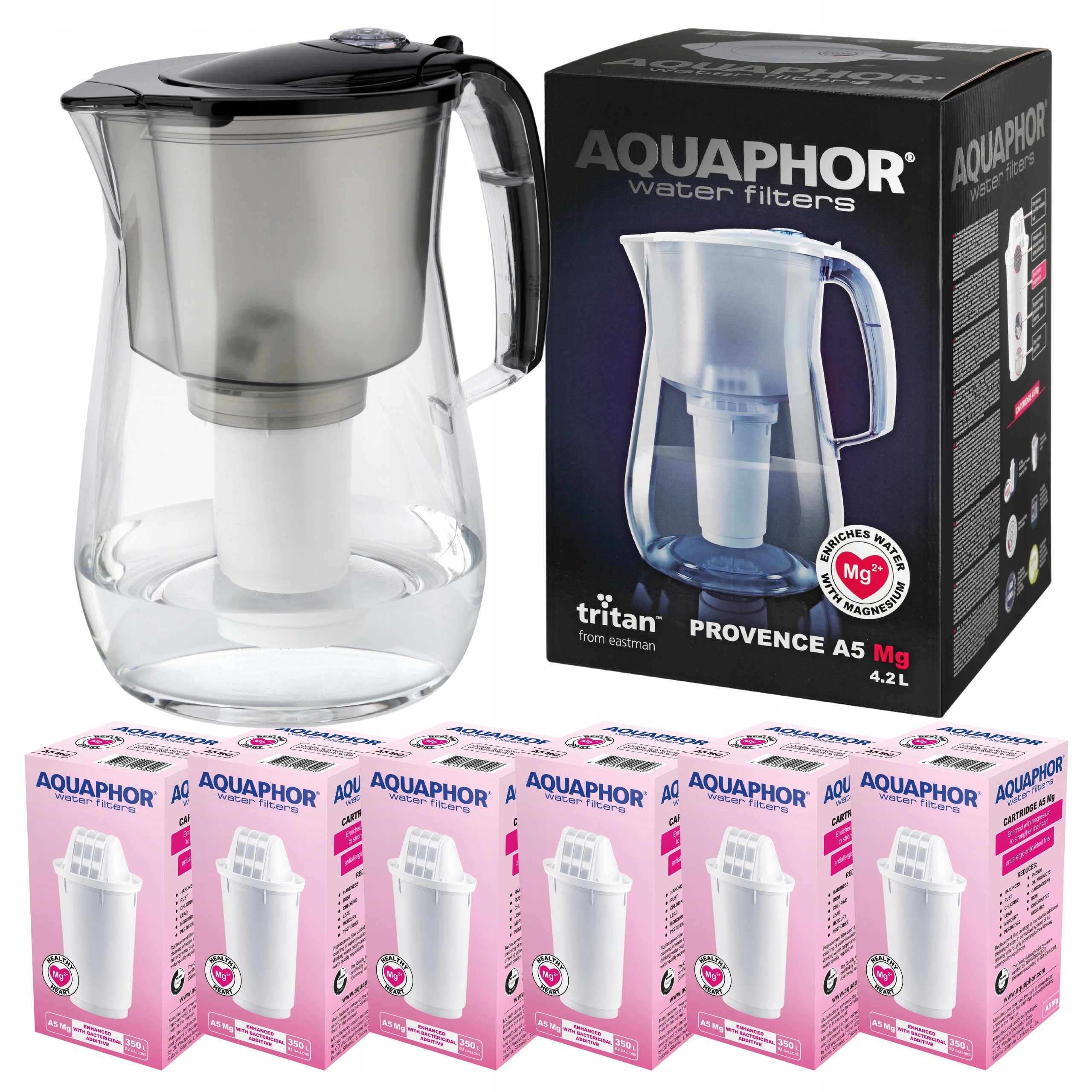 Dzbanek Filtrujący do wody Aquaphor Provence 4,2L Czarny 6 filtrów A5 Mg