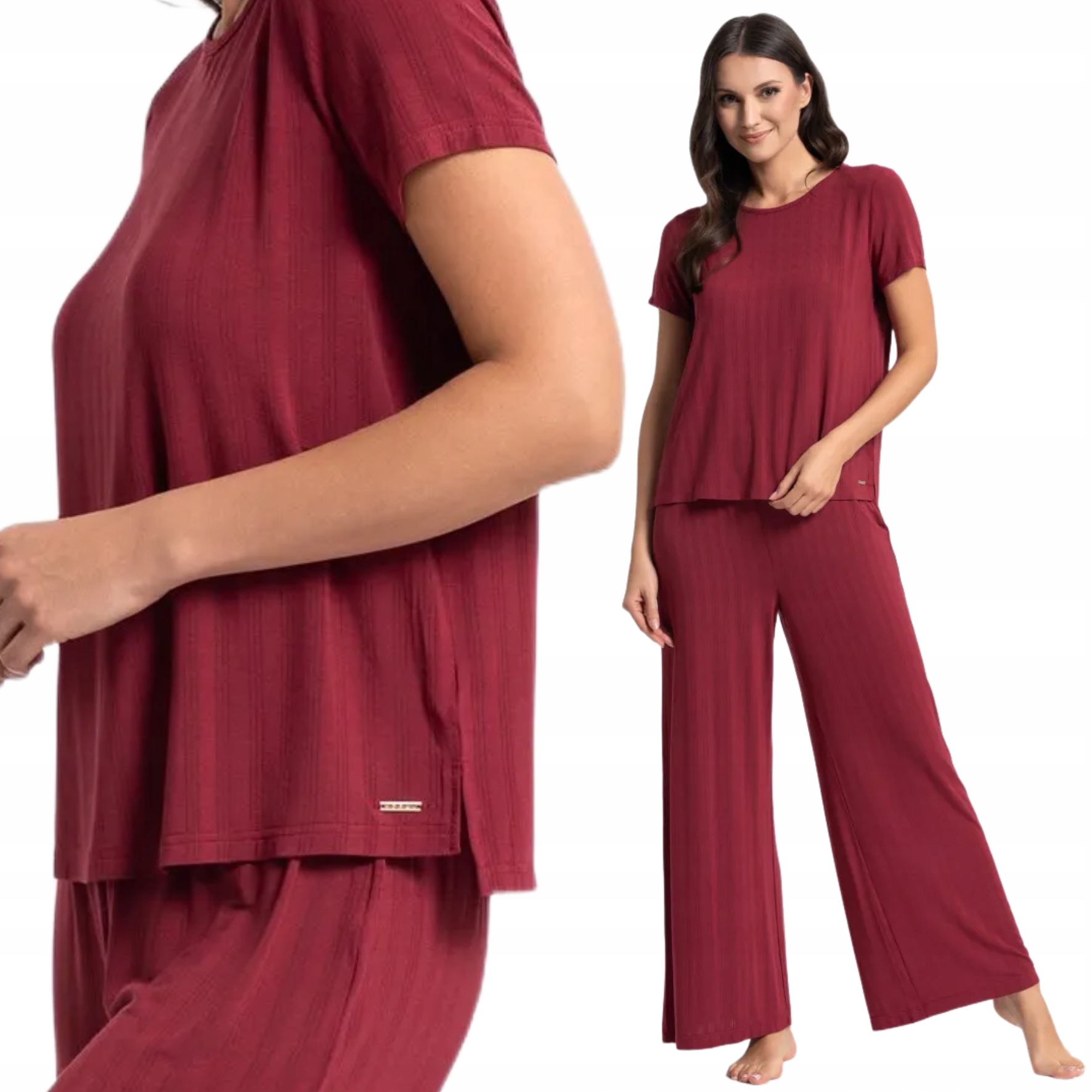 Piżama Damska Dwuczęściowa Miękka W Dotyku Komplet Krótki Rękaw Czerwona L