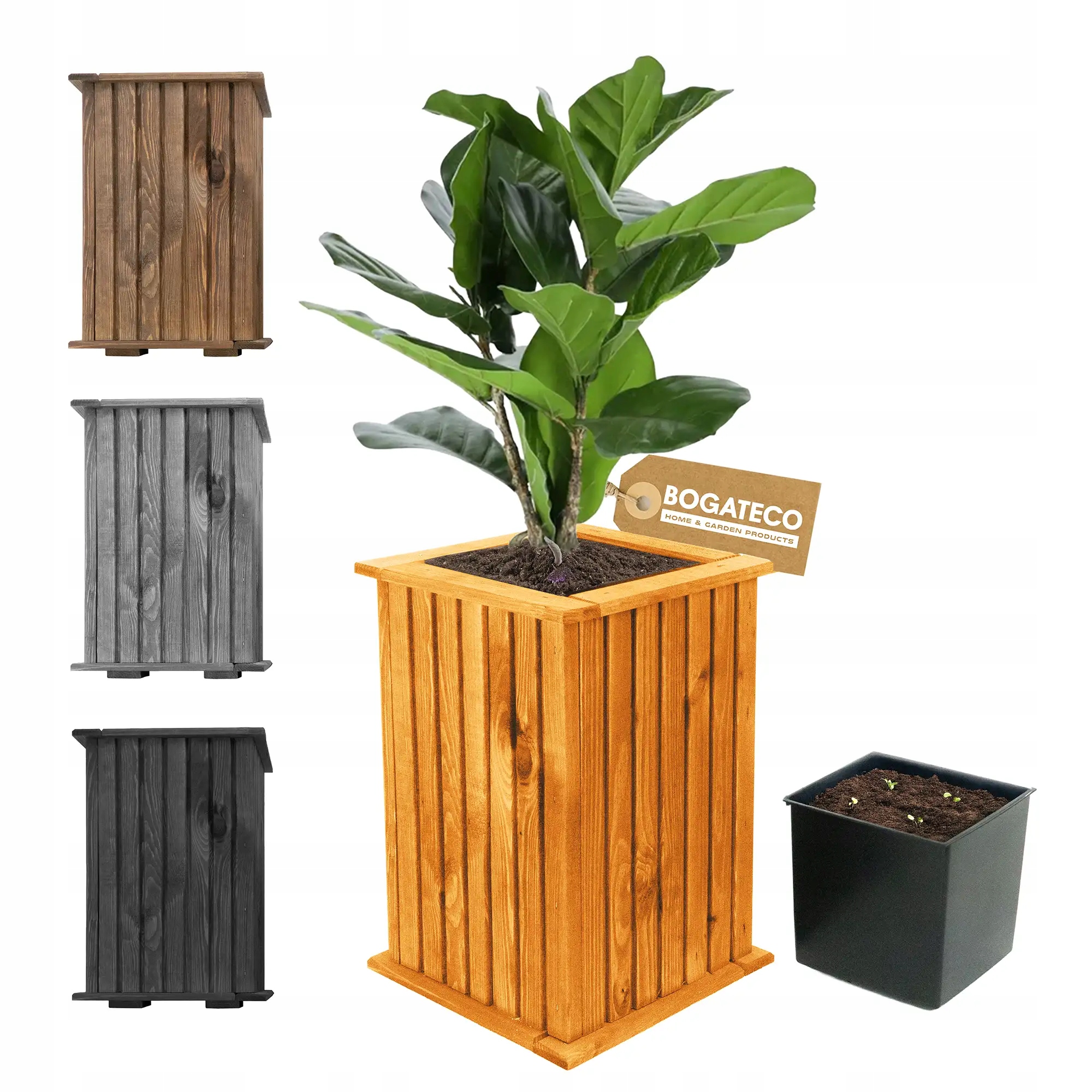 Donica Drewniana Kolumnowa Ogrodowa 40x25x25cm Wkład Jasny Brąz