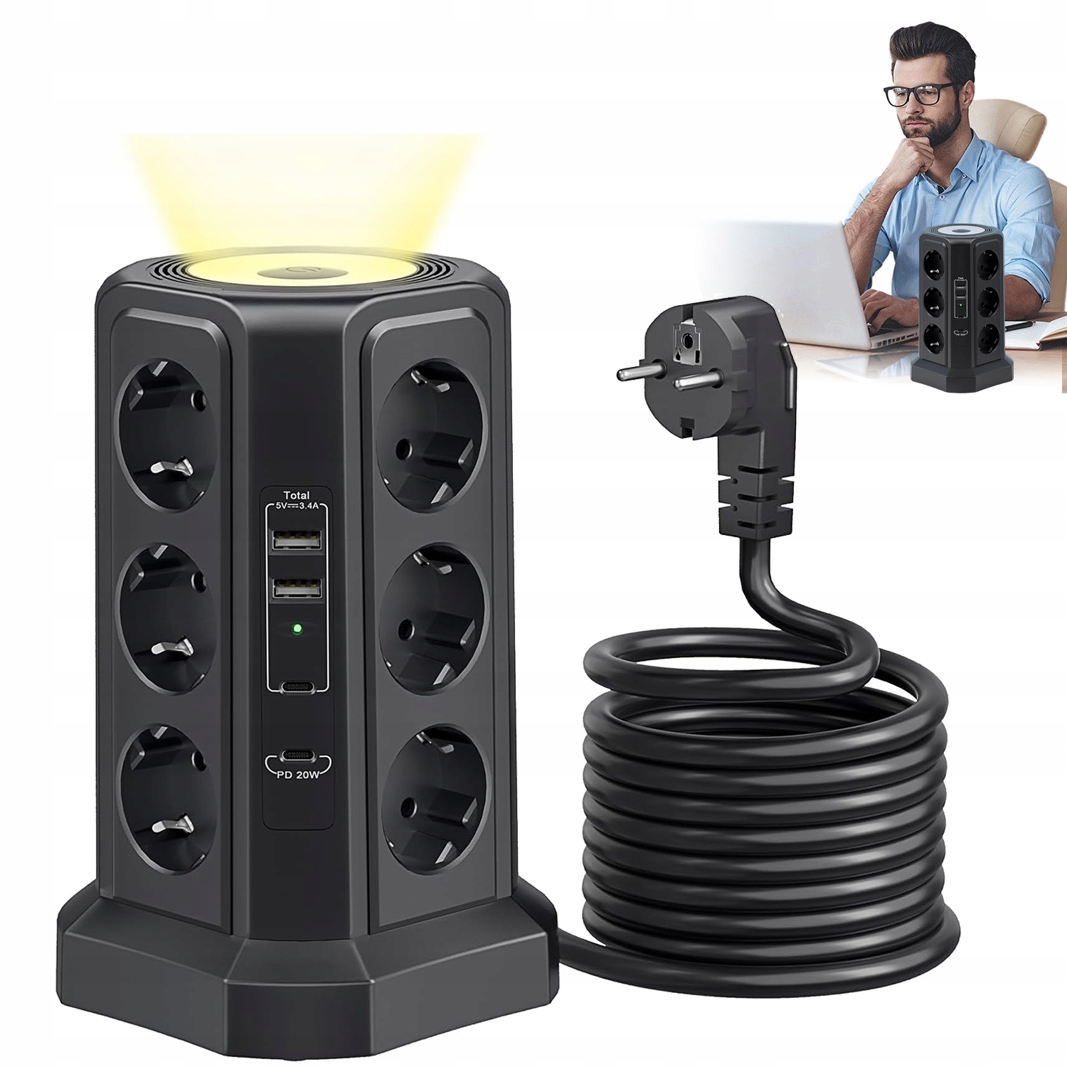 Zásuvková Lišta 12×ZÁSUVEK 2×USB-A 2×USB-C S Vypínači A Noční Lampou