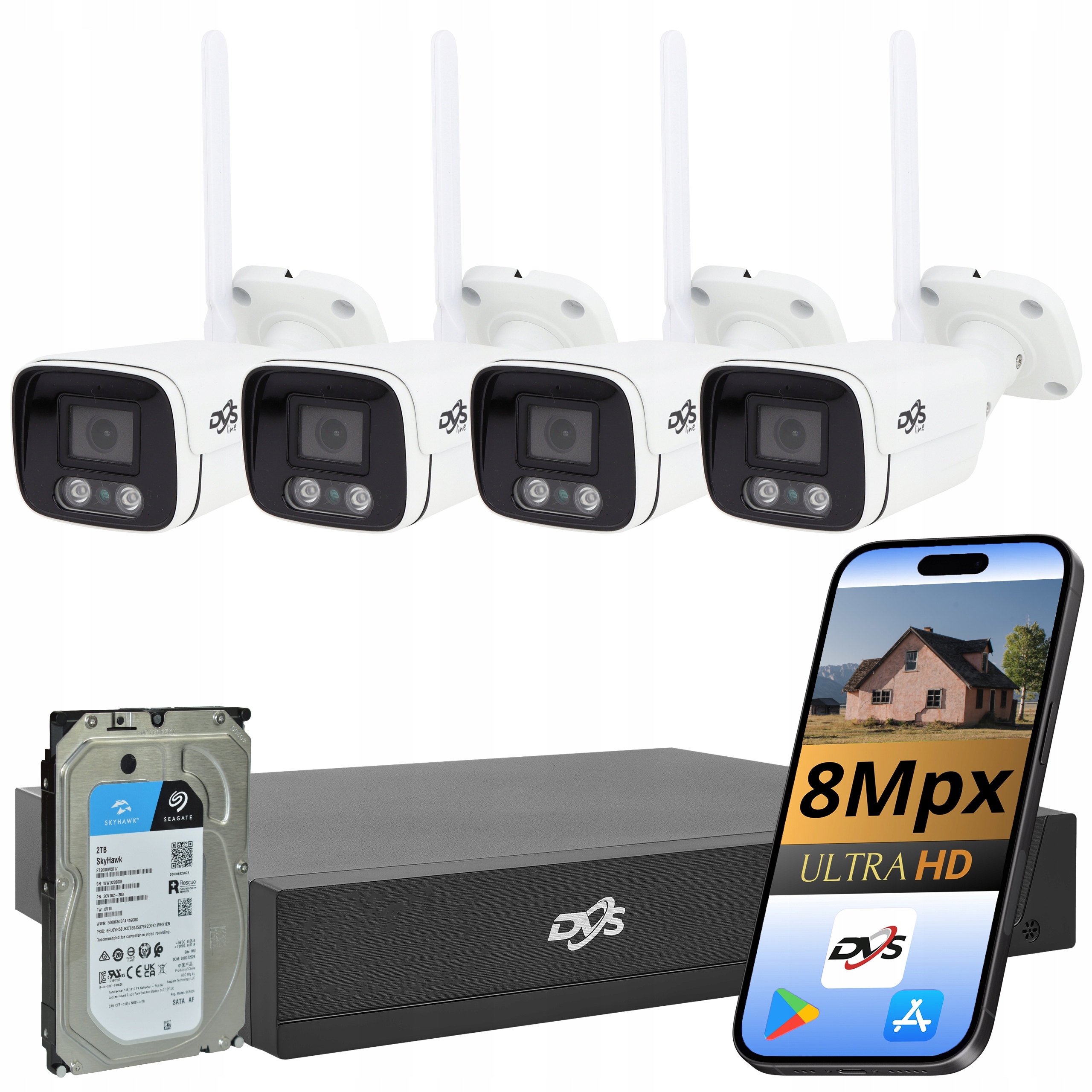 Sada 4 Wifi Kamera Biela Bezdrôtová 8Mpx 4K Tuba Monitorovanie Disk 2TB