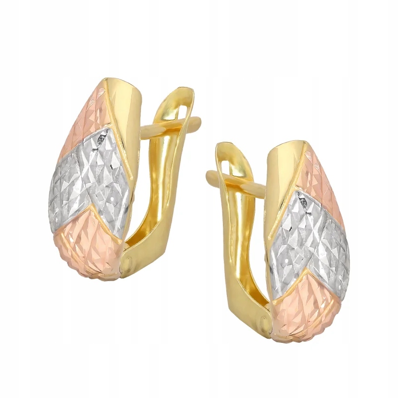 zlaté náušnice 585 s gravírovanými plechy ve třech barvách zlata dárek 2.71