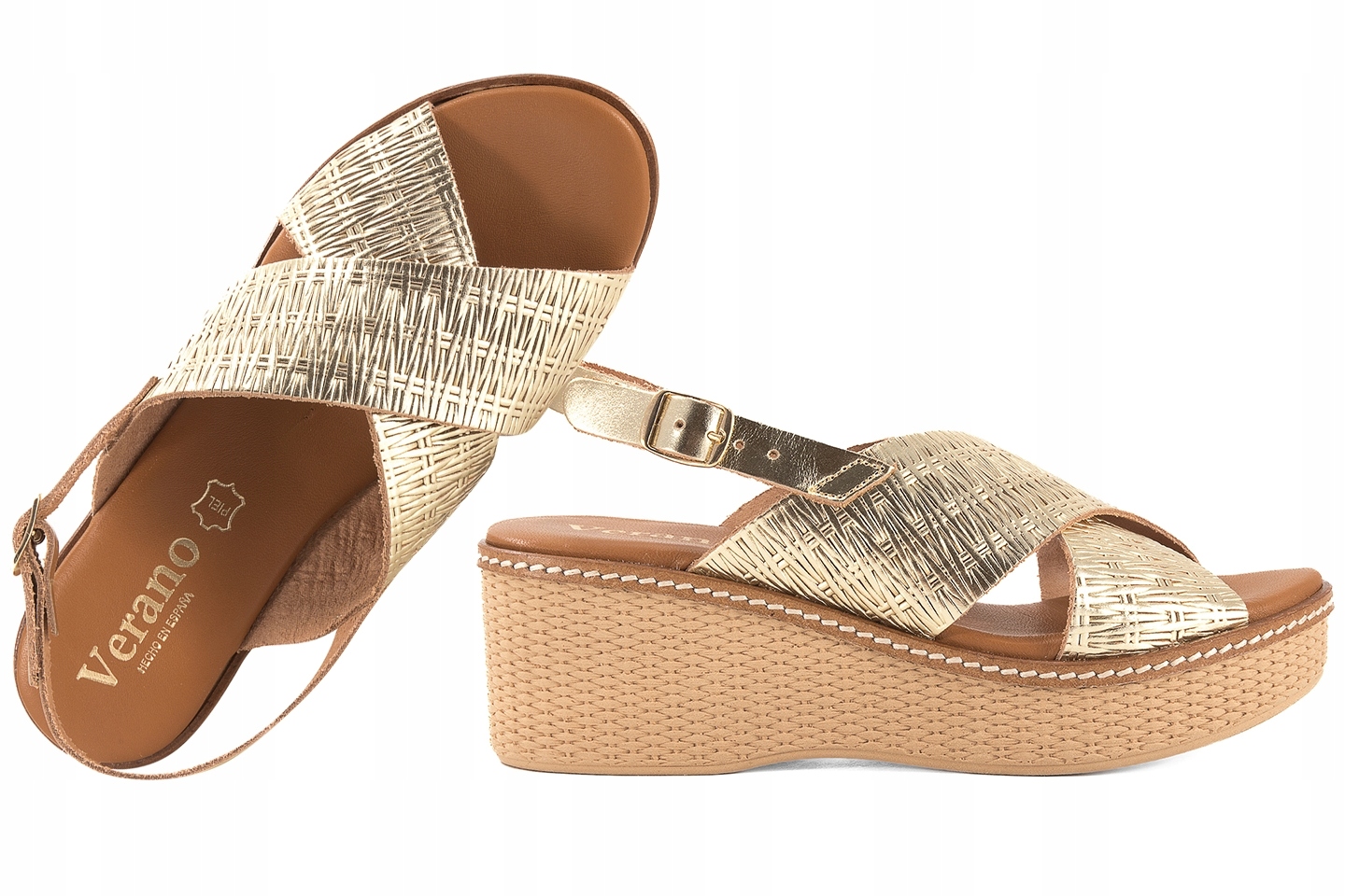 Verano 45529 Dámské Španělské Sandály Na Koženém Podpatku, zlaté, velikost 39