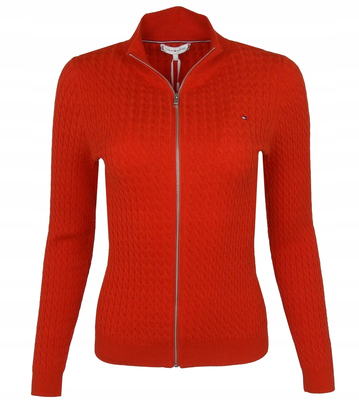 Tommy Hilfiger dámský svetr na zip, copánkový vzor, červený, Xs