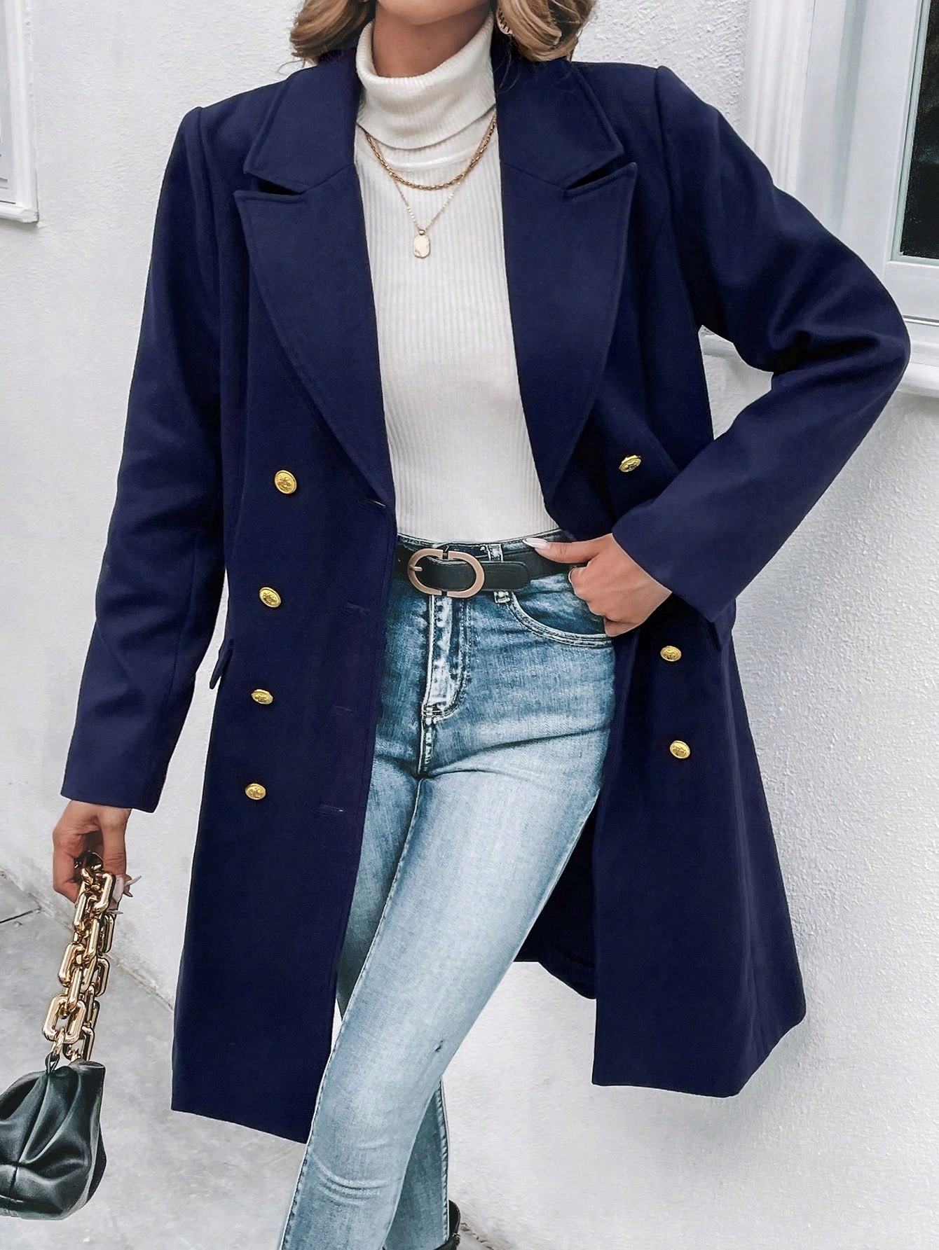Dámský Elegantní Dvouřadý Kabát S Ozdobnými Knoflíky, Tmavě Modrý Shein