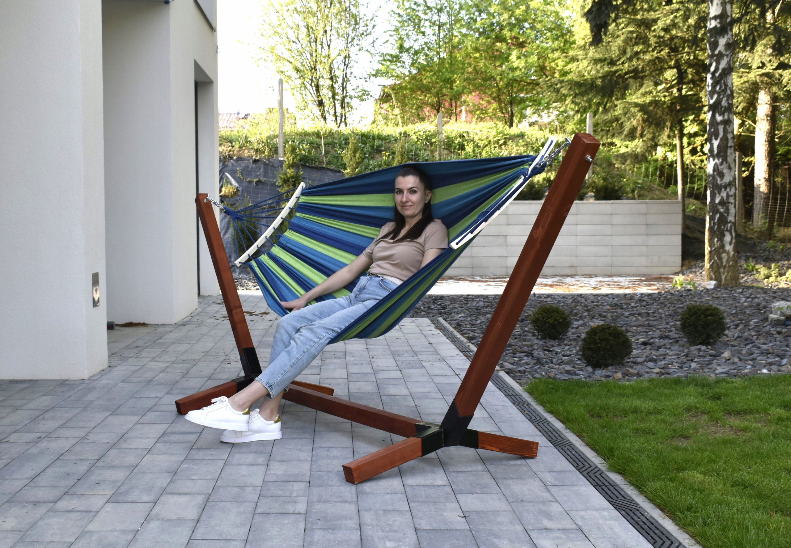 ZESTAW STELAŻ IMPREGNOWANY DREWNIANY 300 HAMAK 220x150 PROSZKOWO MALOWANE Stan opakowania oryginalne