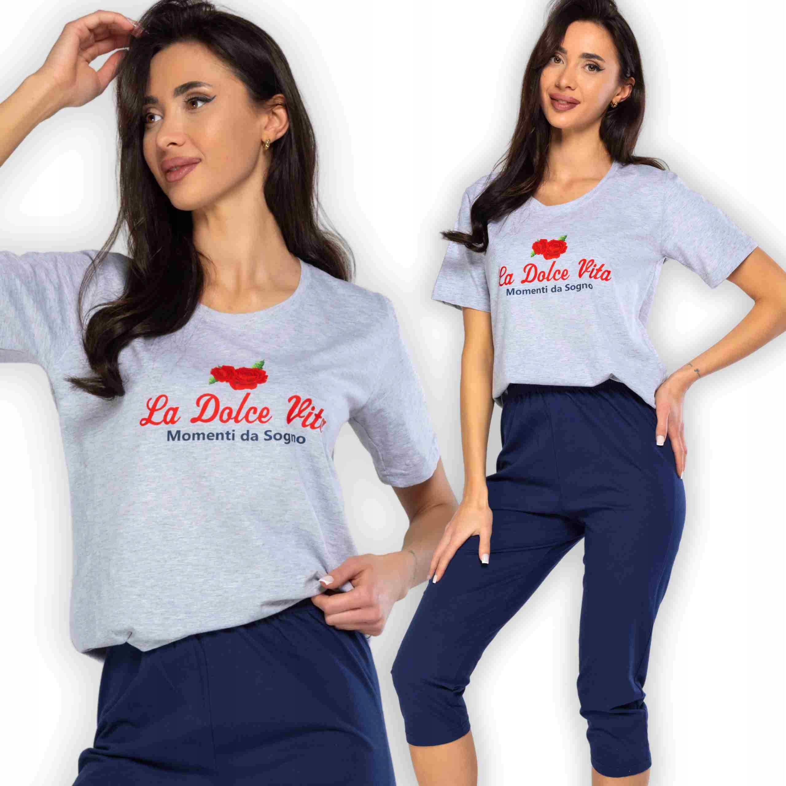 Dámské pyžamo Krátký rukáv 3/4 Kalhoty Růže Námořnická Modrá Melanž 7XL Velké velikosti