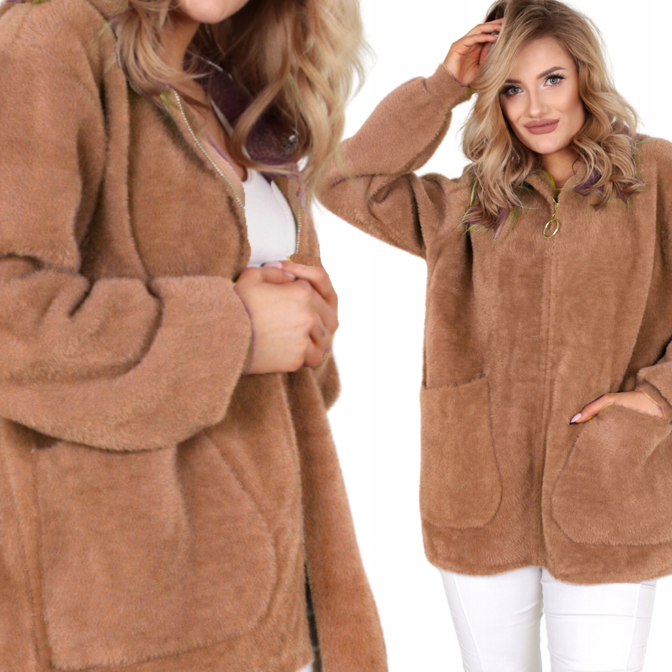 Kurtka Bluza Sweter Alpaka Krótka Kaptur Plus Size Brazowa 2143