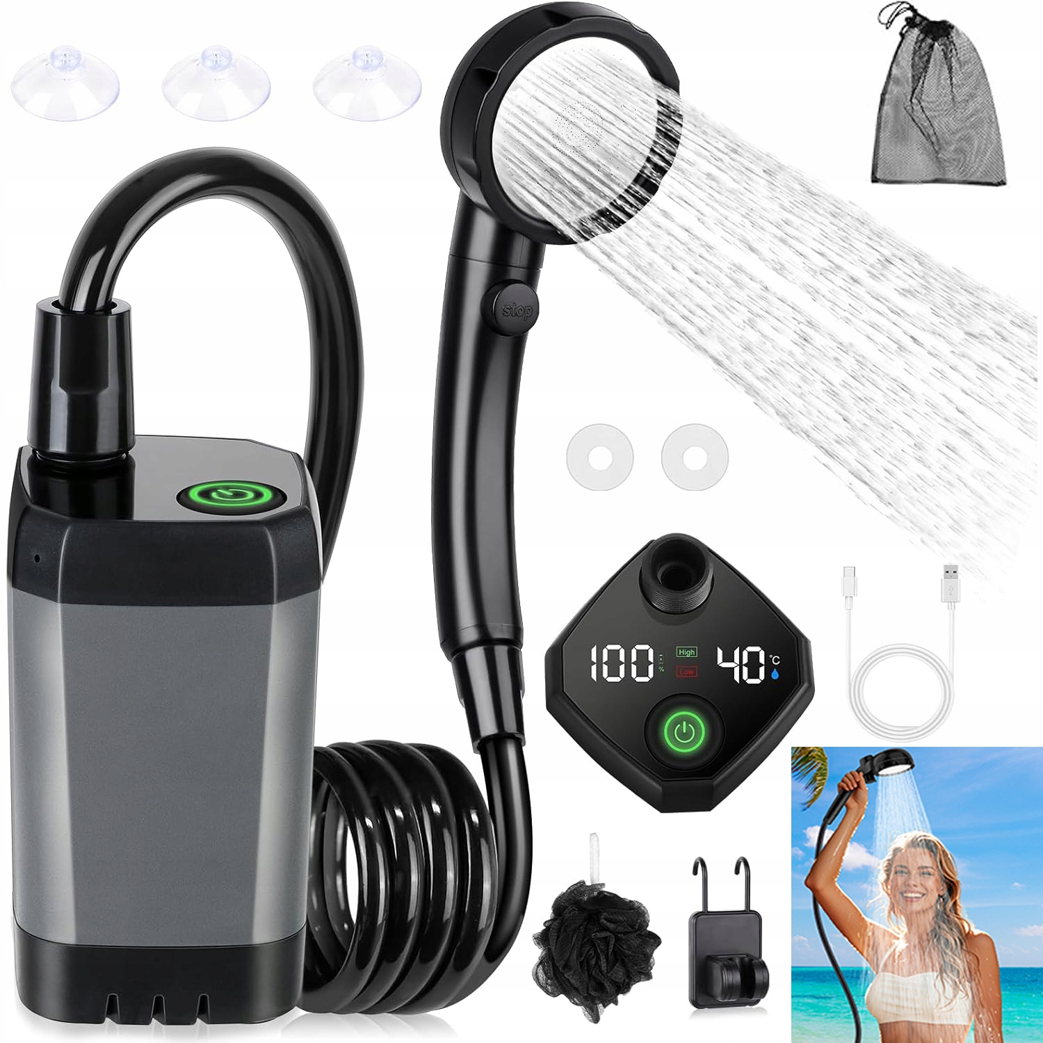 Cestovní Sprcha S Elektrickým Čerpadlem, 4 Režimy Stříkání, Přenosná Do Auta, 6000MAH