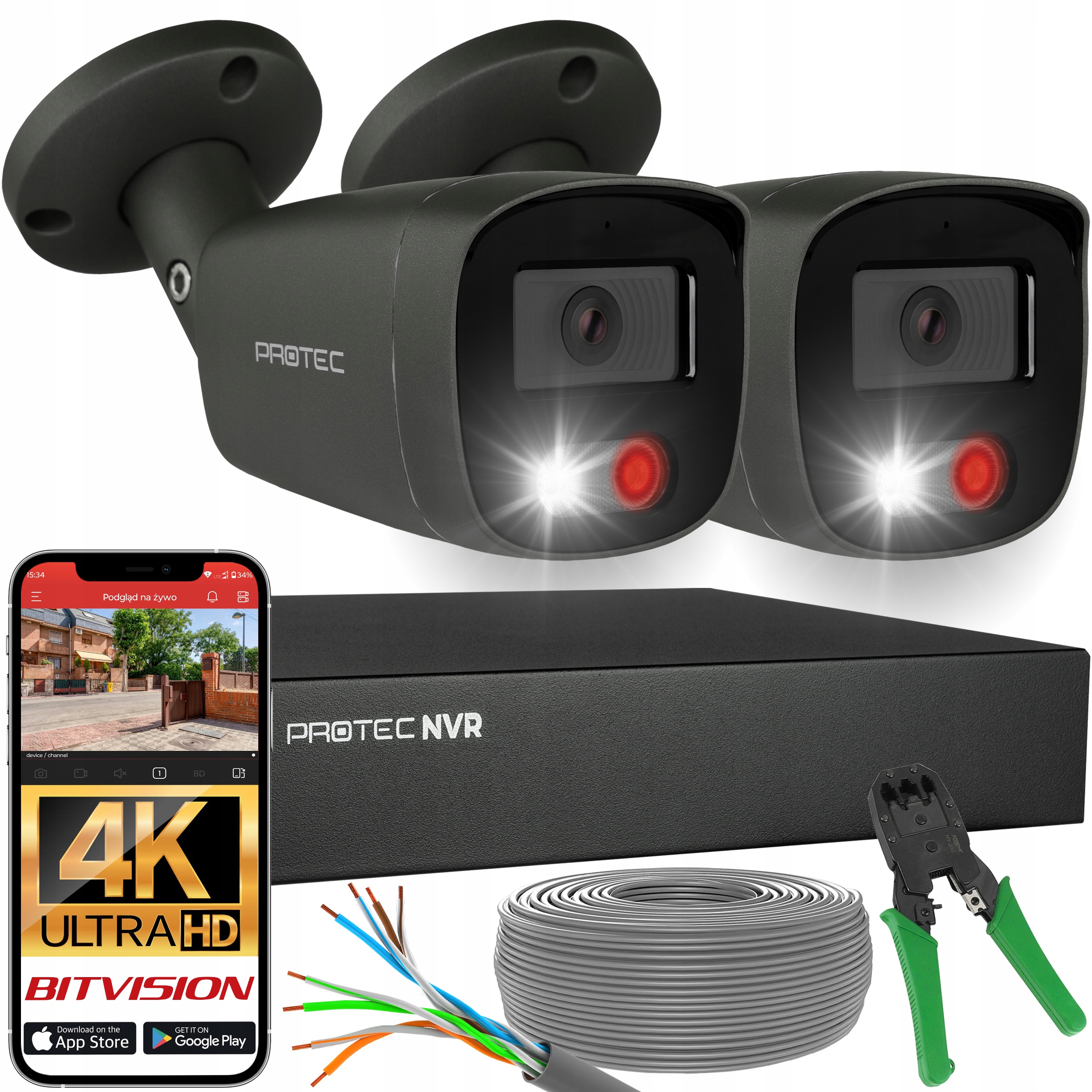 Cyfrowy zestaw do monitoringu 2 kamery 4K Ip PoE audio grafitowe tubowe