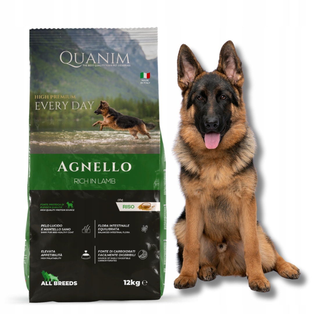 Levně Quanim Jehněčí S Rýží 12KG Krmivo Ovčák Labrador Husky Beagle Amstaff