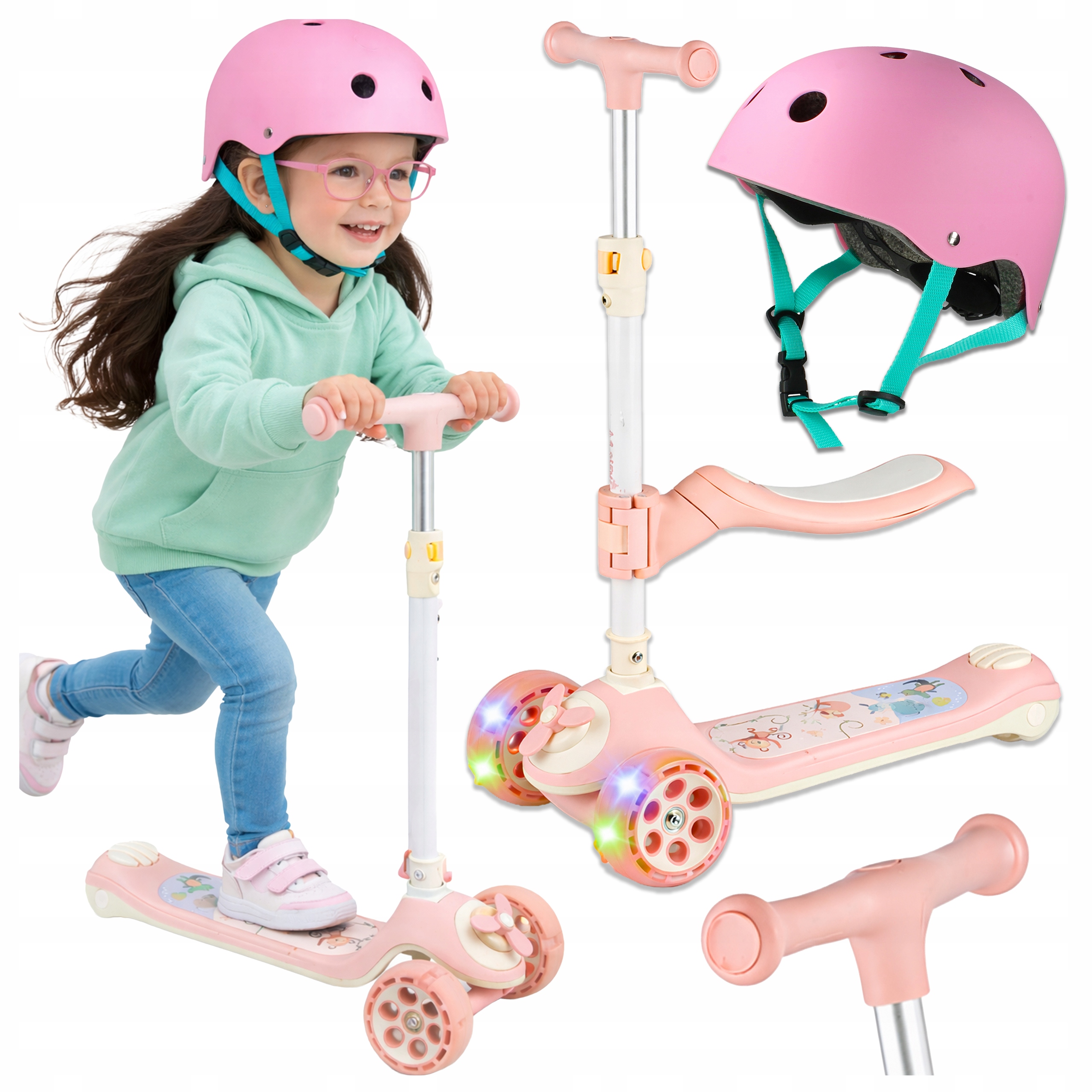 Hulajnoga trójkołowa balansowa Led siodełka regulacja kask zestaw 2w1