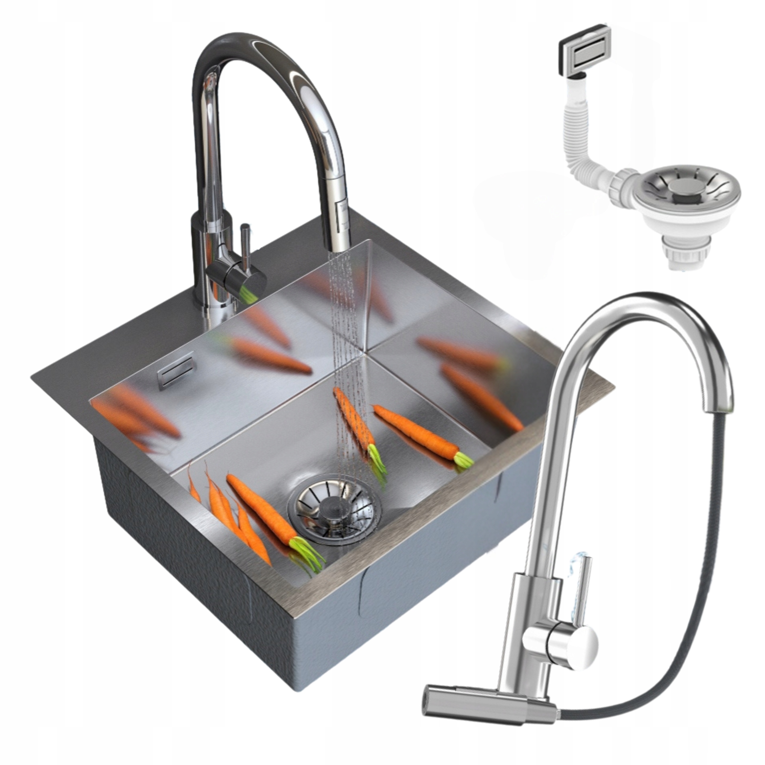 Ocelový dřez SILVO48 chrom jednokomorový Set Baterie Sifon Lux