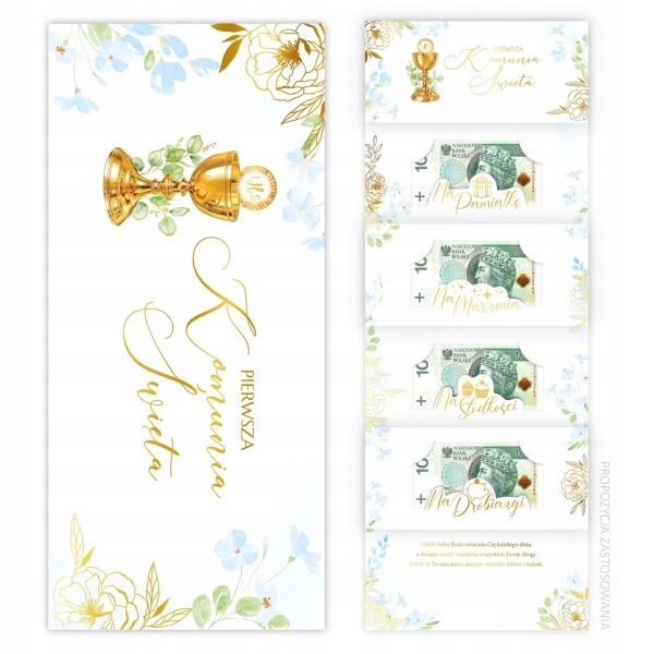 KARNET KOMUNIJNY NA BANKNOTY PAMIĄTKA PIERWSZA KOMUNIA ŚWIĘTA NIEBIESKI