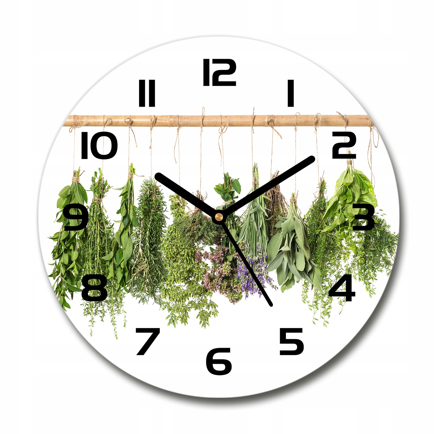 Skleněné hodiny na zeď Bylinky na provázku, průměr 30 cm