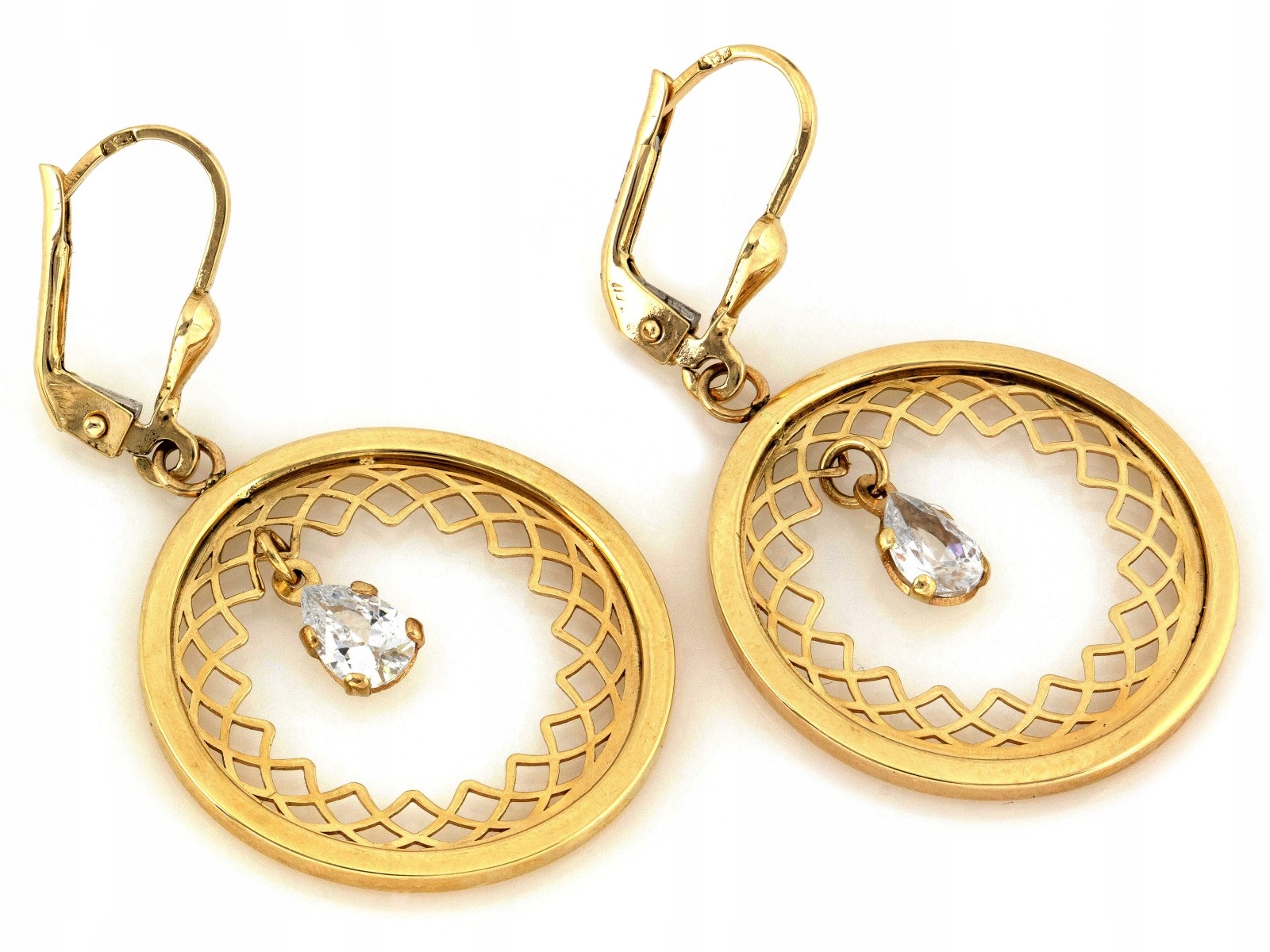 Zlaté náušnice 585 závěsné kulaté s zirkonem 3.58g, prolamovaná kolečka 14kt